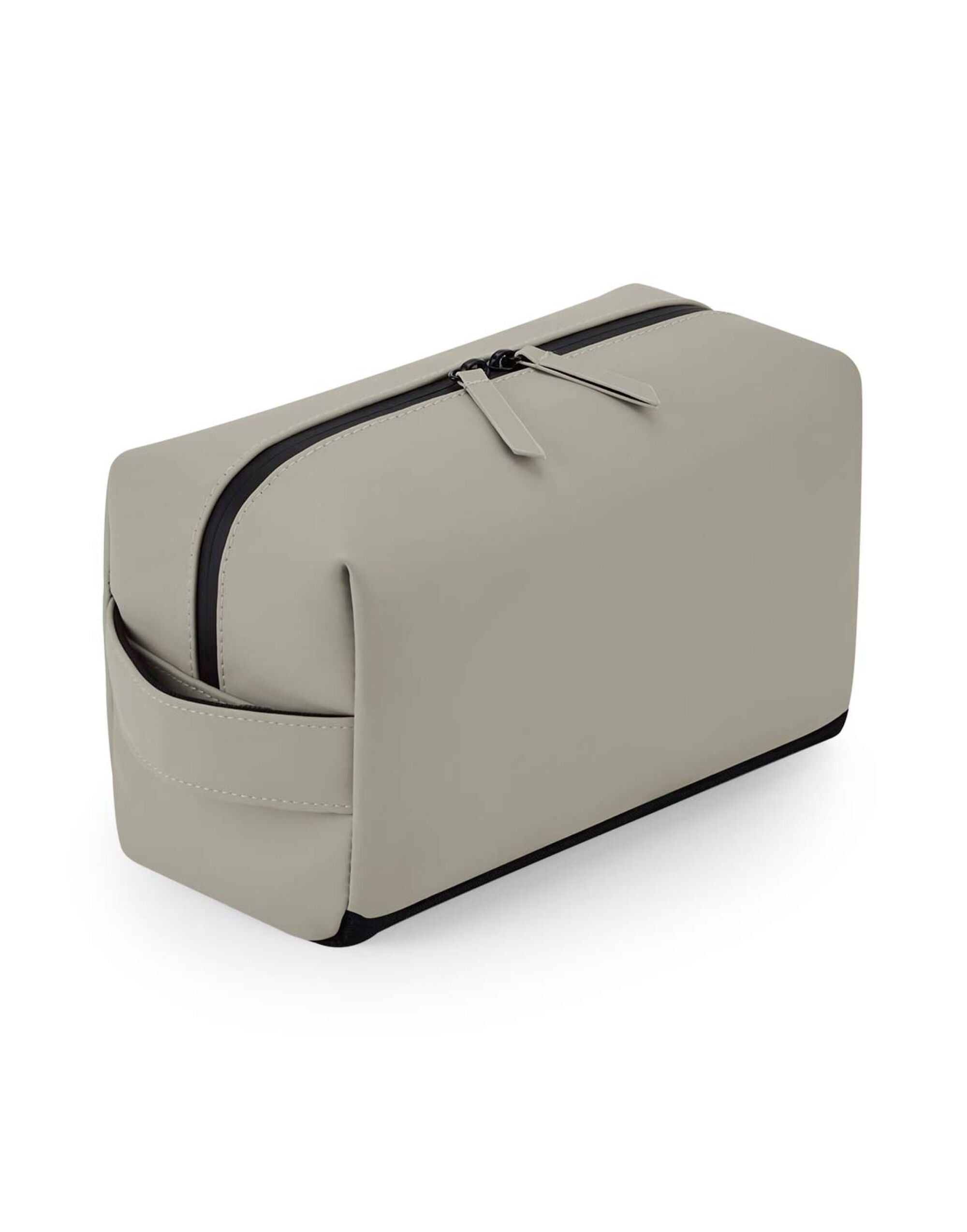 Angled view of the grey matte toiletry case.