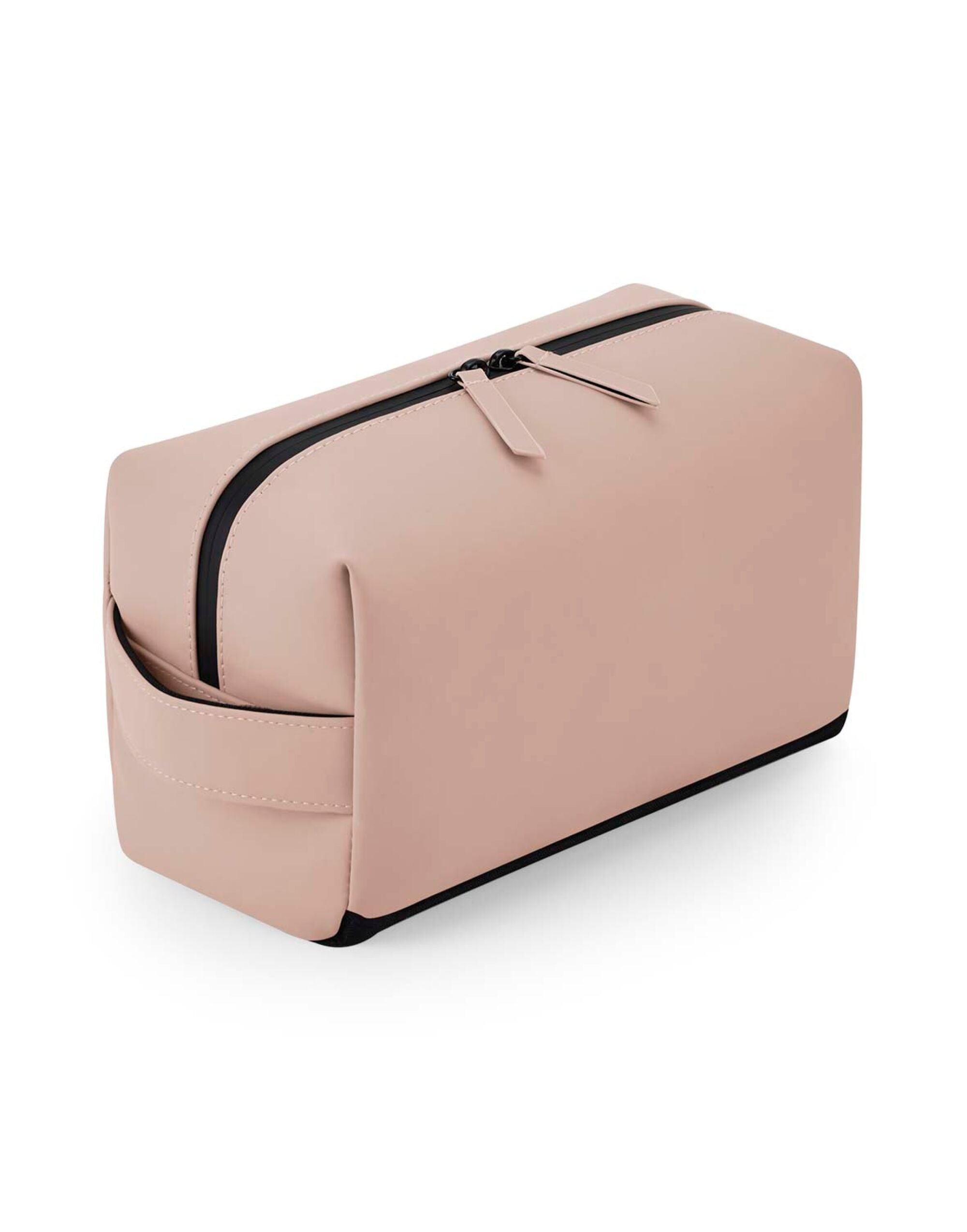 Angled view of the pink matte toiletry case.