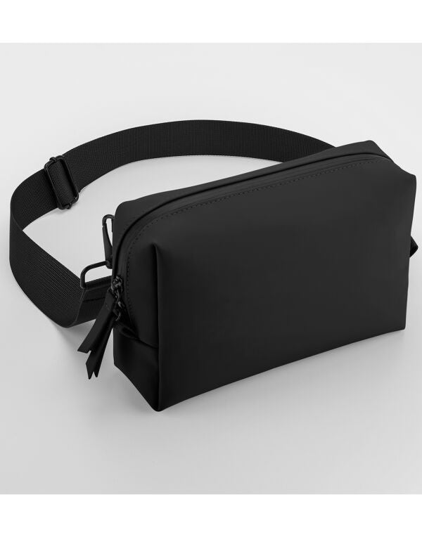Black matte PU cross body bag with adjustable strap.