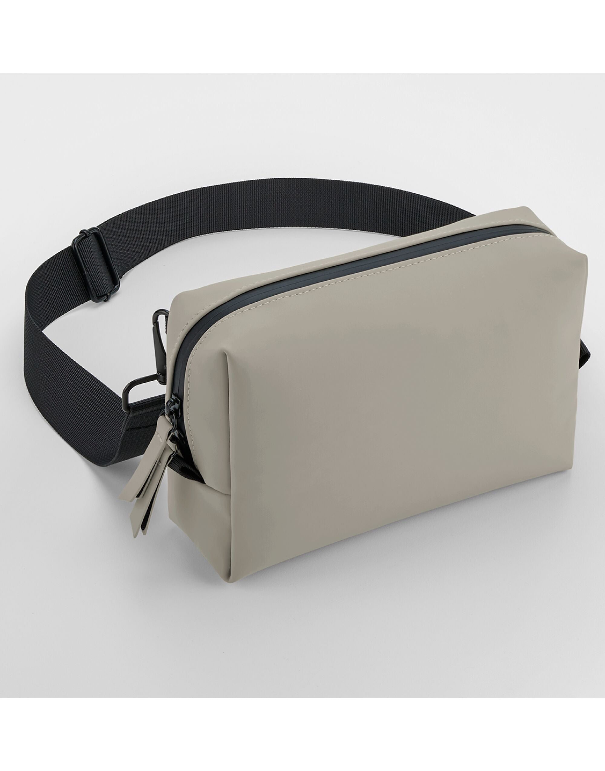 Angled view of the grey matte PU cross body bag.