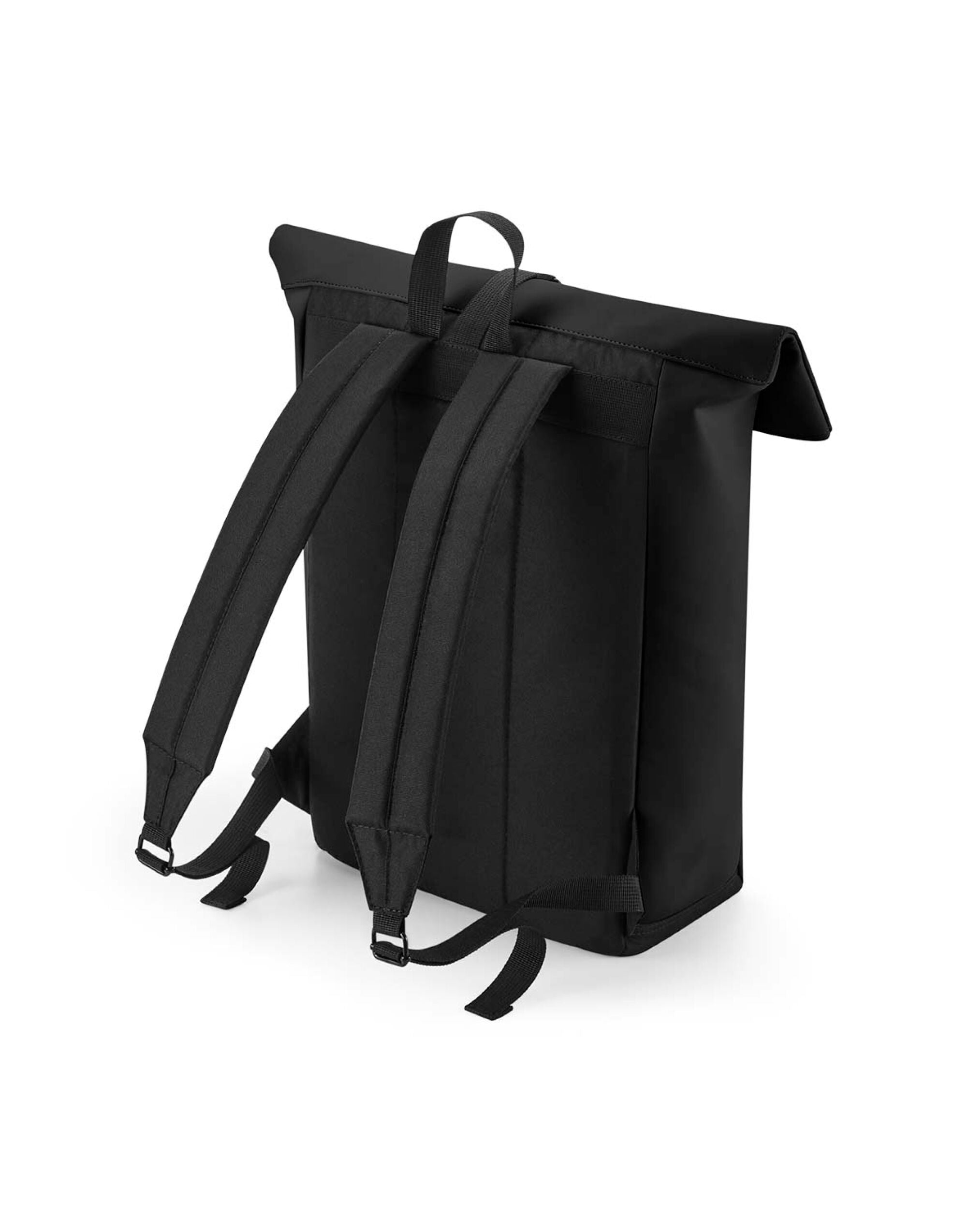 Angled view of the black matte roll-top backpack.