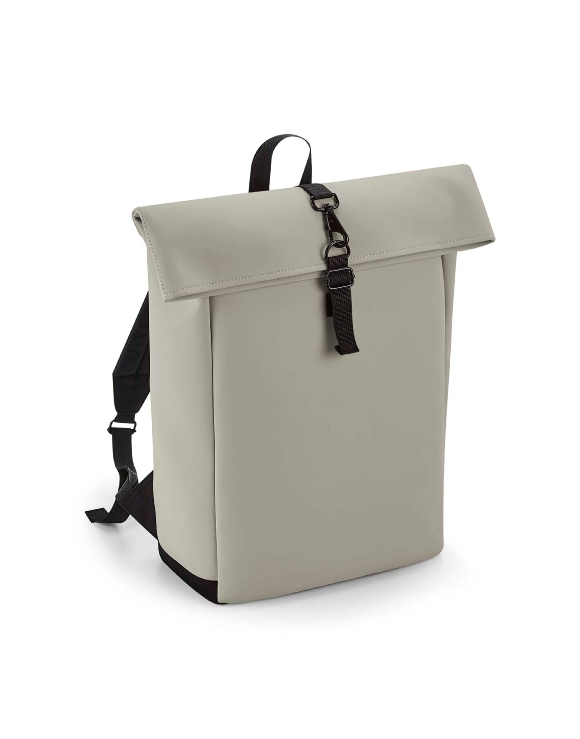 Side profile of the grey matte roll-top backpack.