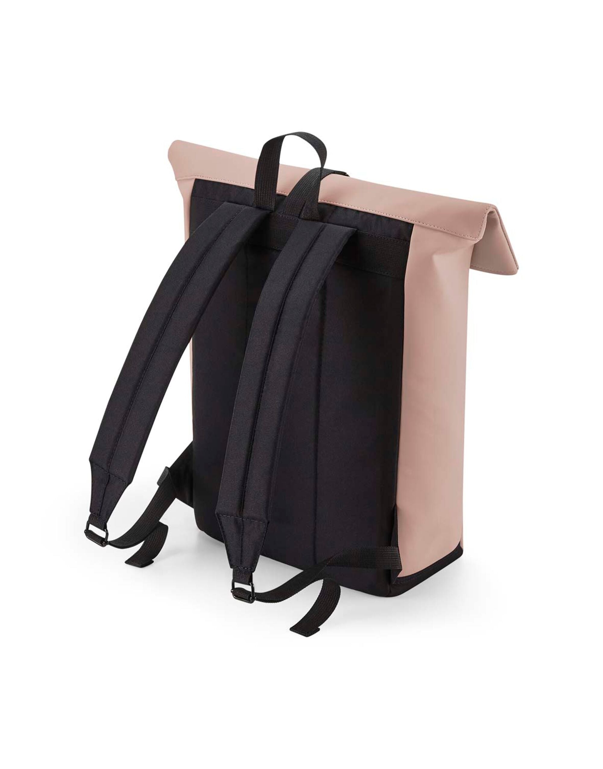 Person wearing the black matte roll-top backpack for scale.