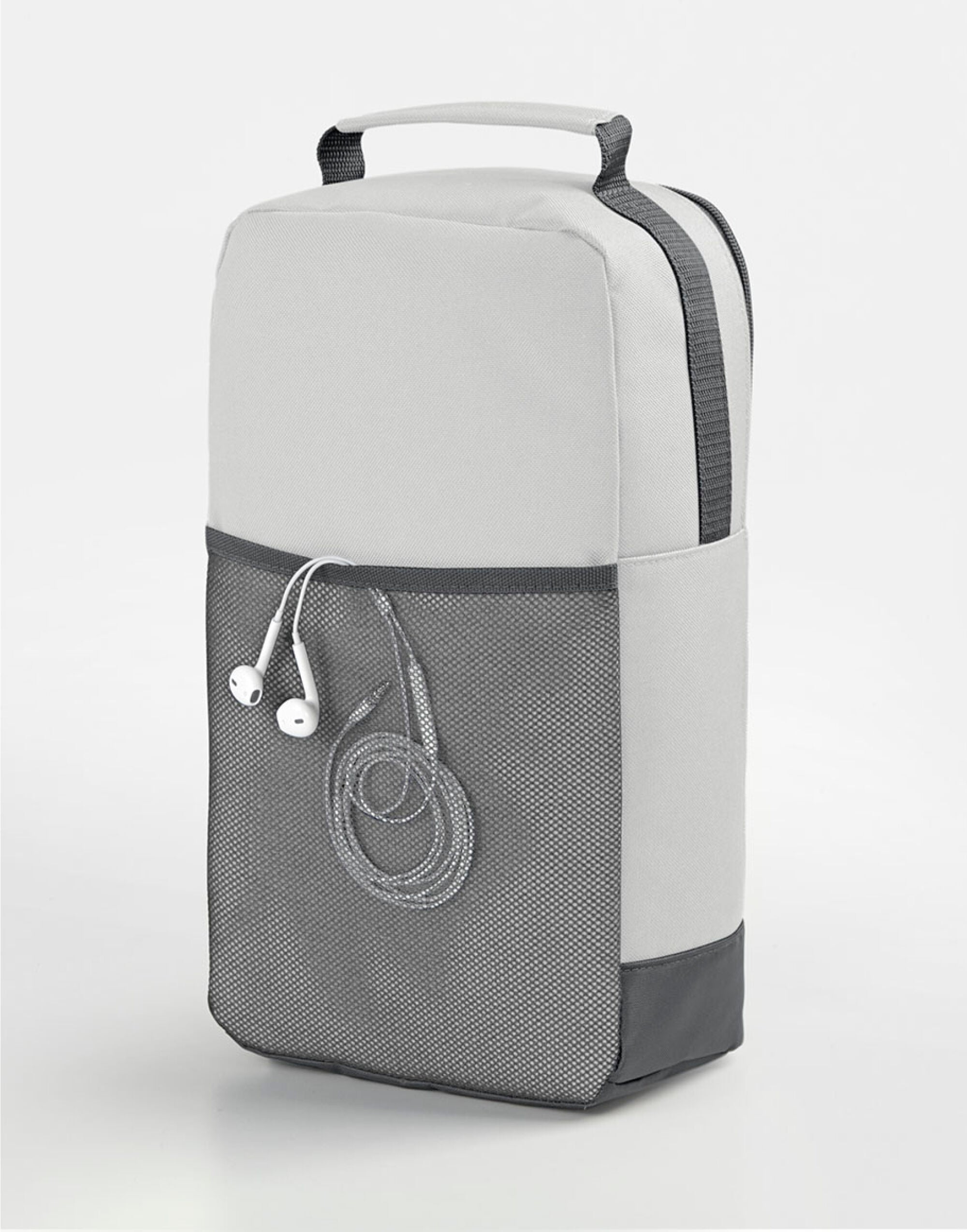Angled shot of the grey marl Bagbase Athleisure Bag, showing the main zippered compartment for shoes or gear.