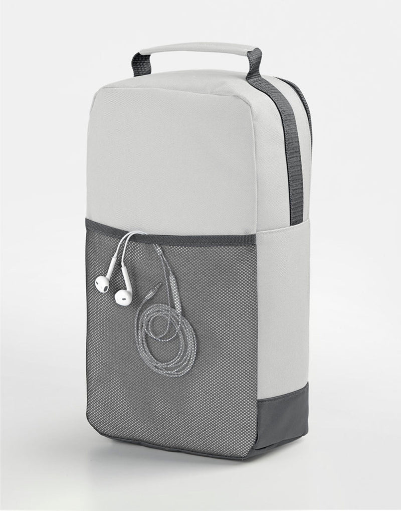 Angled shot of the grey marl Bagbase Athleisure Bag, showing the main zippered compartment for shoes or gear.