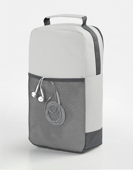 Angled shot of the grey marl Bagbase Athleisure Bag, showing the main zippered compartment for shoes or gear.
