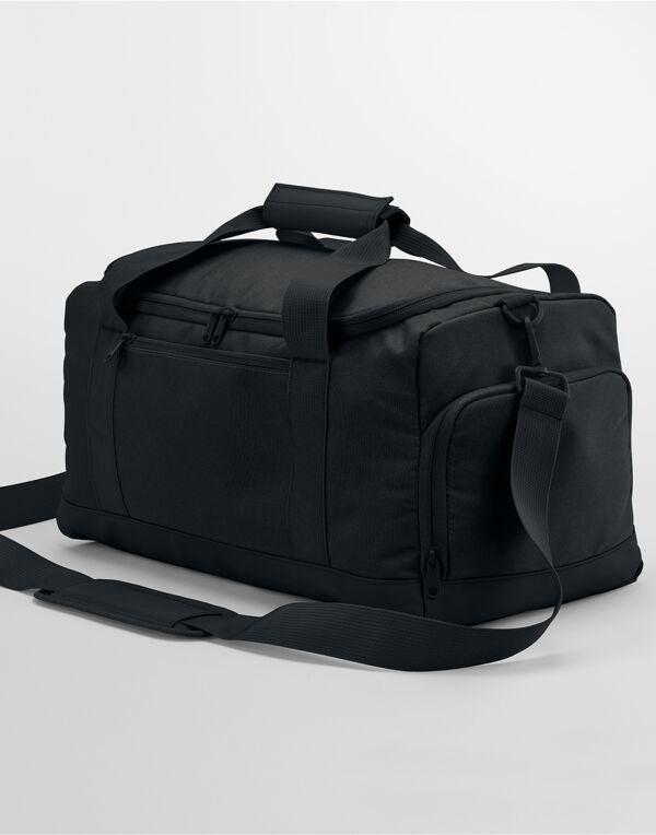 Front view of the black Bagbase Small Training Holdall, a compact duffel perfect for the gym.