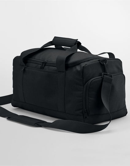 Front view of the black Bagbase Small Training Holdall, a compact duffel perfect for the gym.