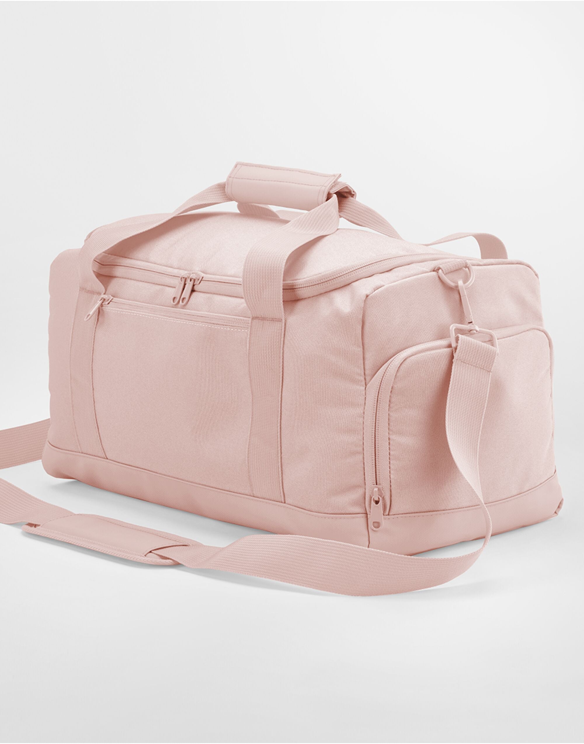 Side profile of the graphite grey Bagbase Small Training Holdall, highlighting its zippered end pocket.