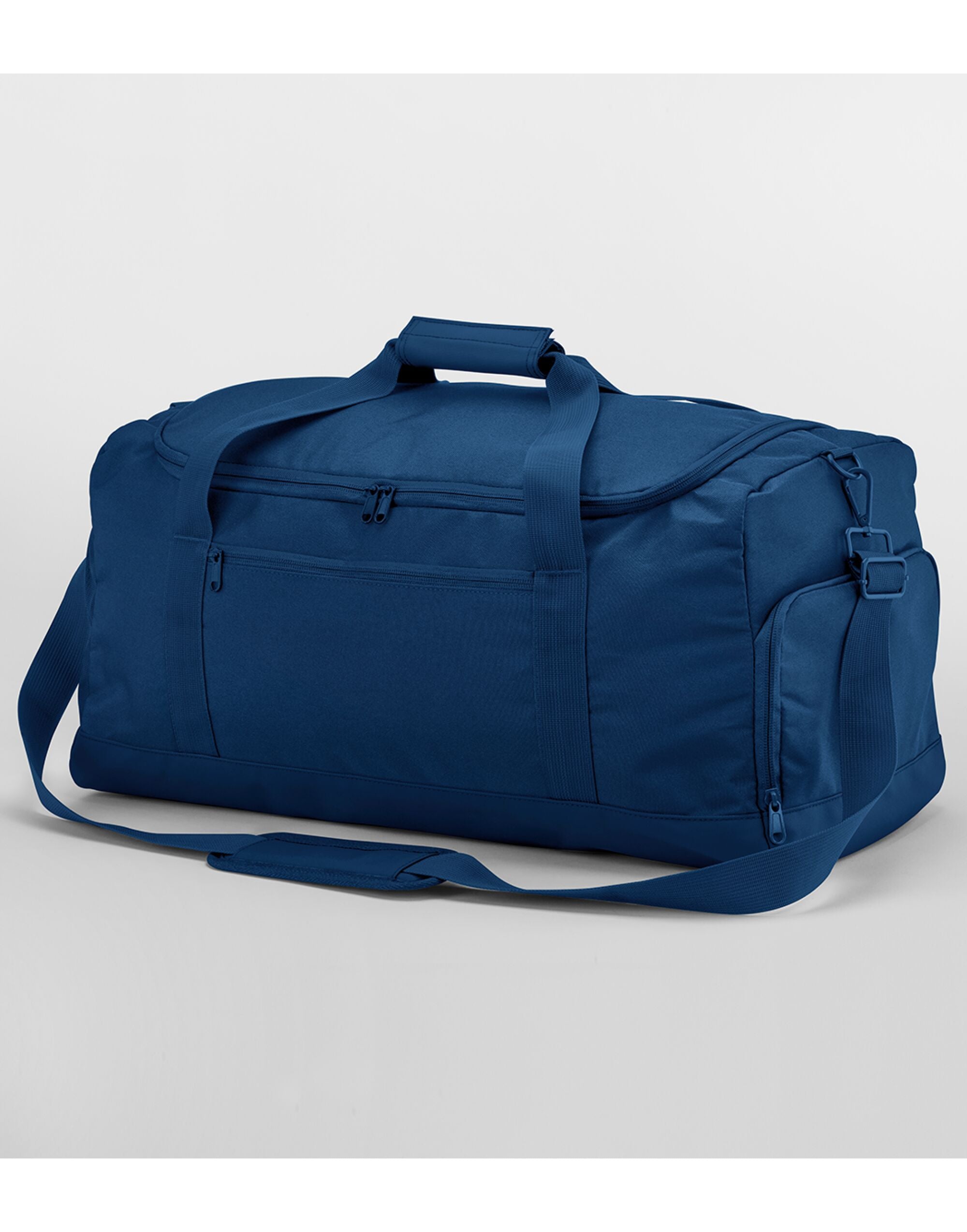 Angled view of the navy Bagbase Large Training Holdall, showcasing its substantial size and multiple pockets.