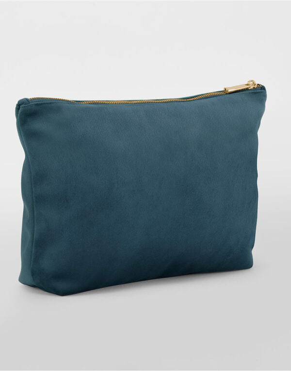 Front view of the luxurious black Bagbase Velvet Accessory Bag, featuring a gold-colored zip.