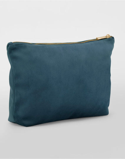 Front view of the luxurious black Bagbase Velvet Accessory Bag, featuring a gold-colored zip.