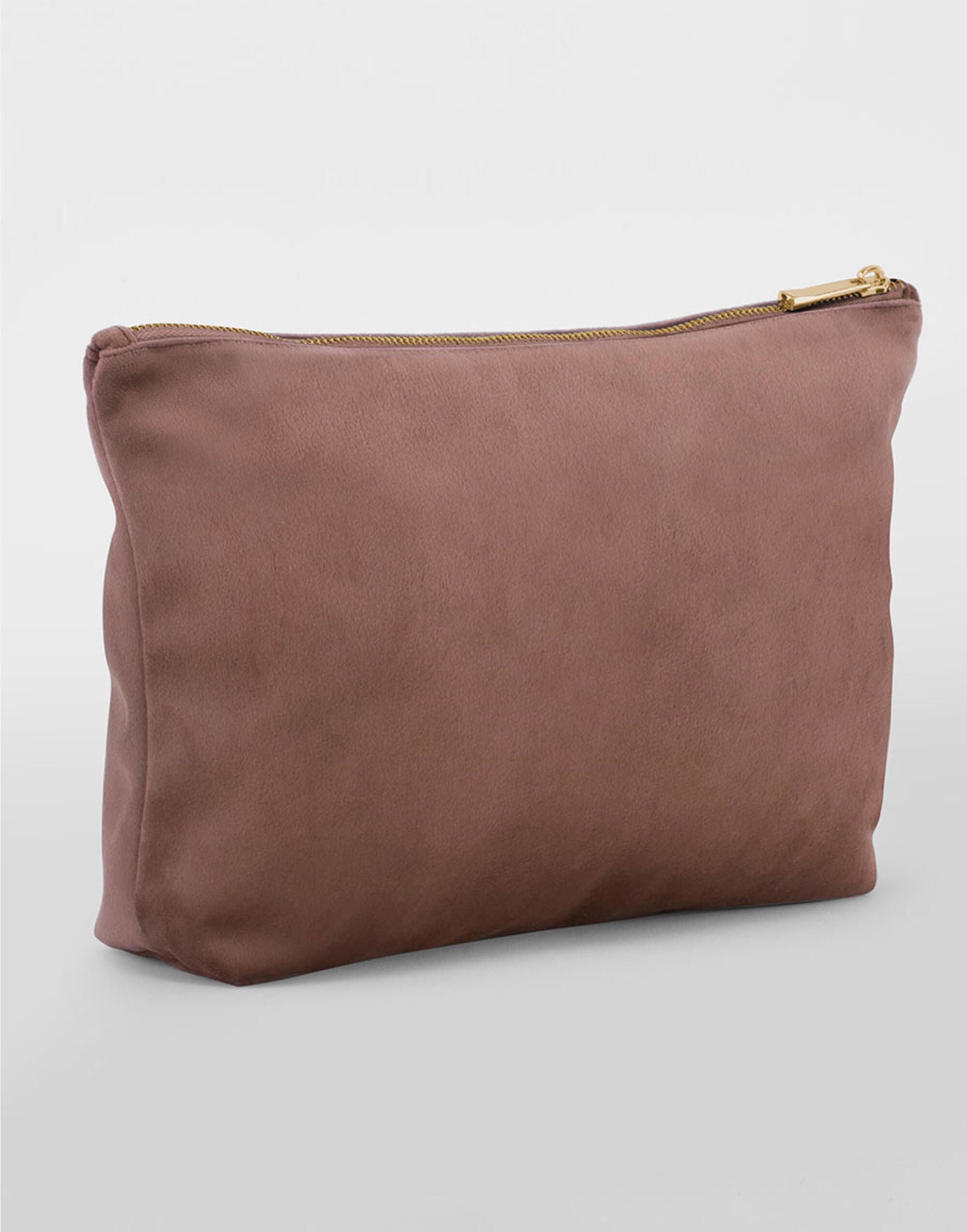 Close-up of the rich velvet fabric and elegant gold zipper on the Bagbase accessory bag.