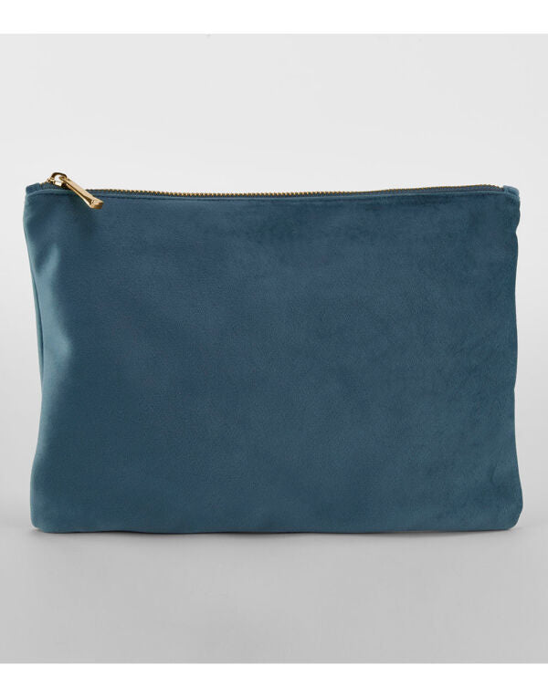 The small Bagbase Velvet Accessory Pouch in black with a stylish gold zip, perfect for coins or small items.