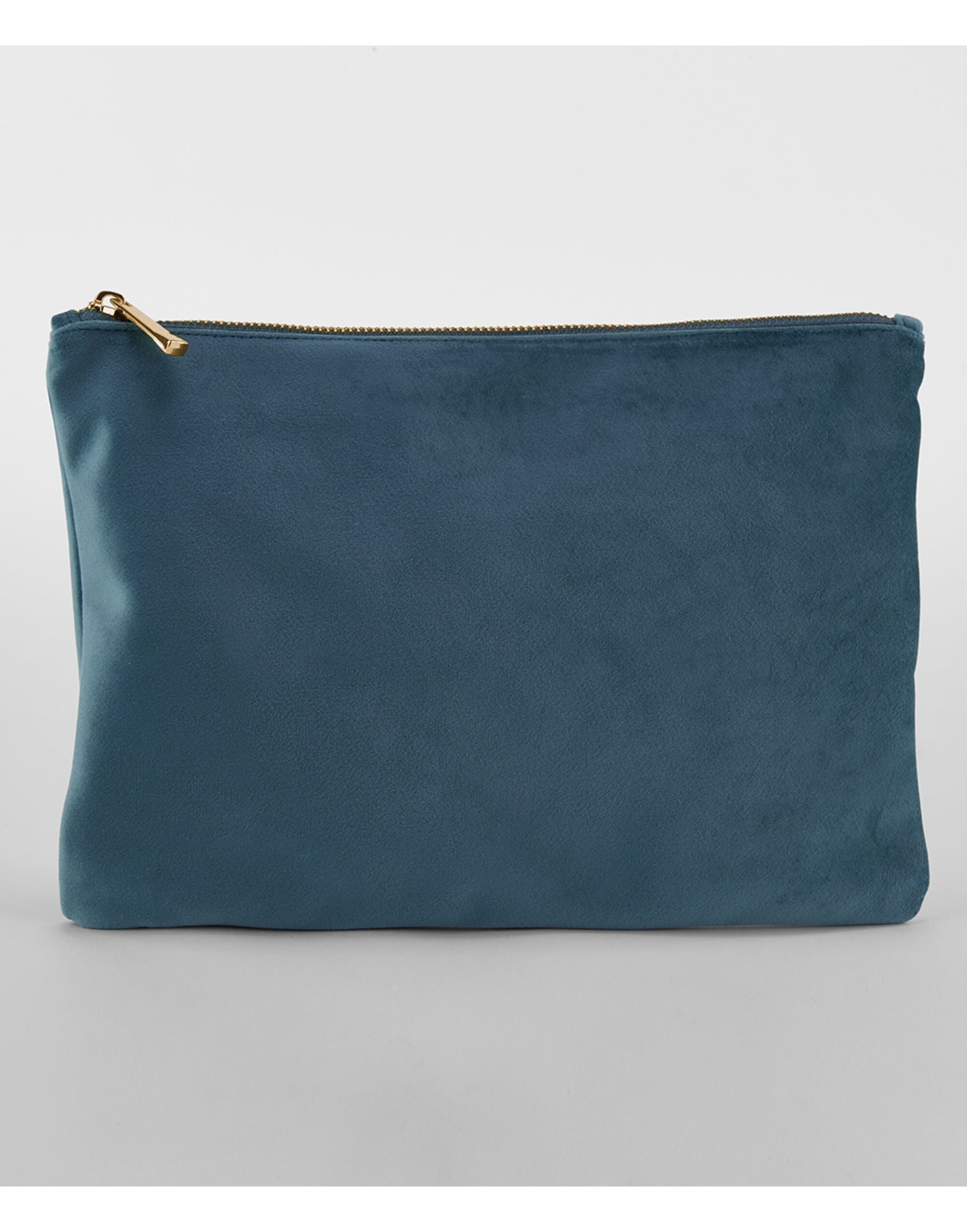 Angled view of the navy Bagbase Velvet Accessory Pouch, highlighting its compact and elegant design.