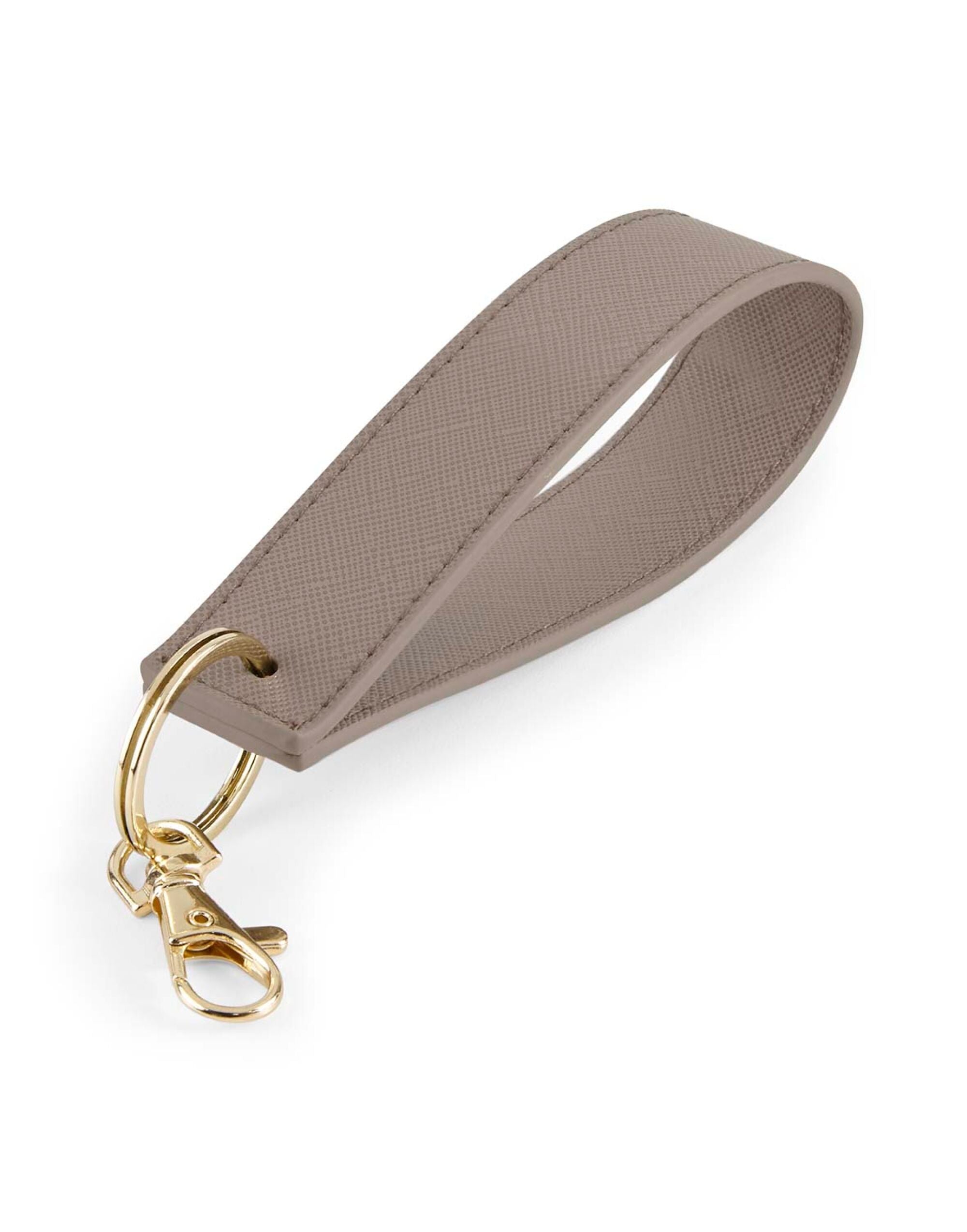 The soft pink wristlet, a fashionable and useful accessory for a hands-free option.