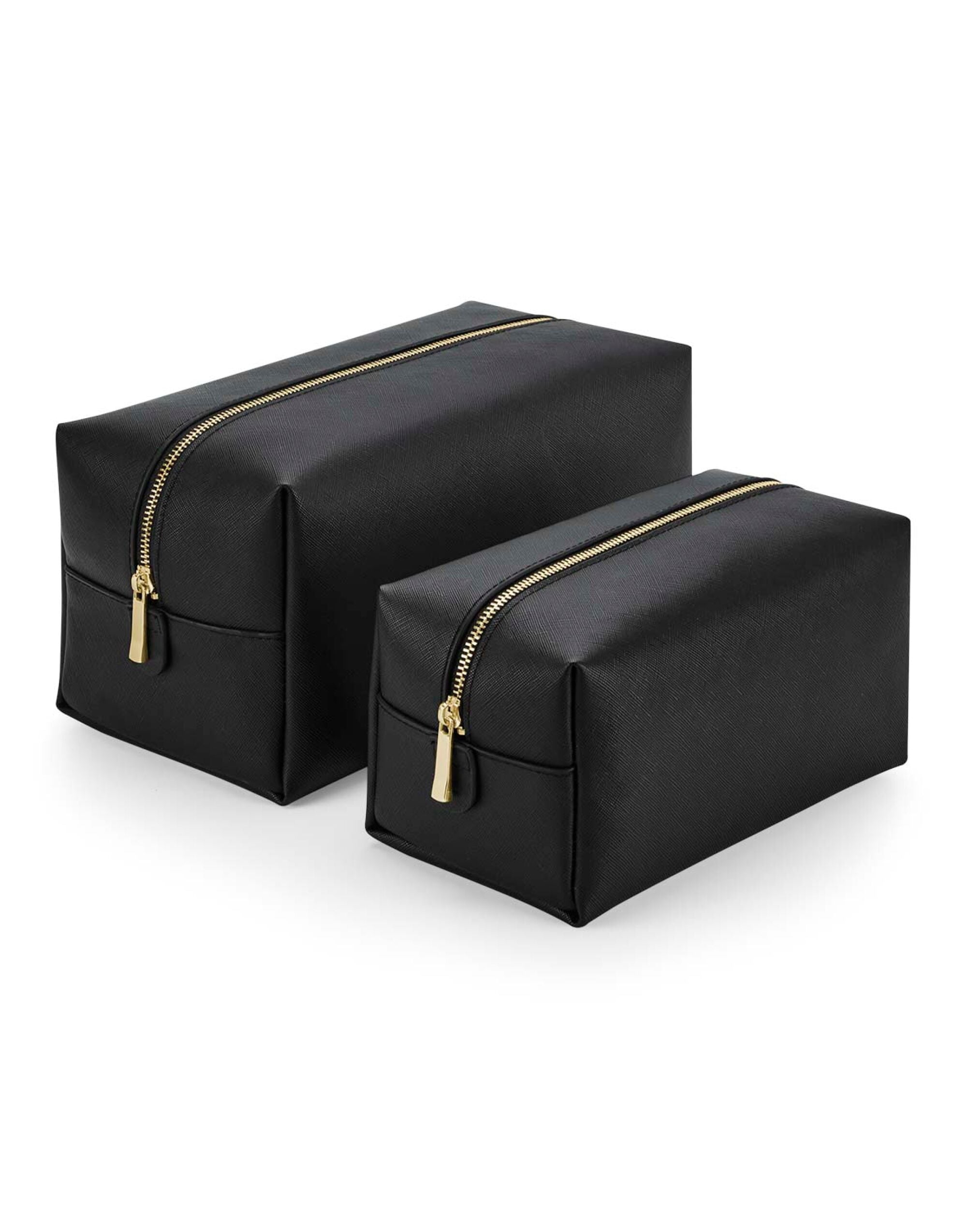 The large Bagbase Boutique Toiletry & Accessory Case in black Saffiano faux leather with gold zip.