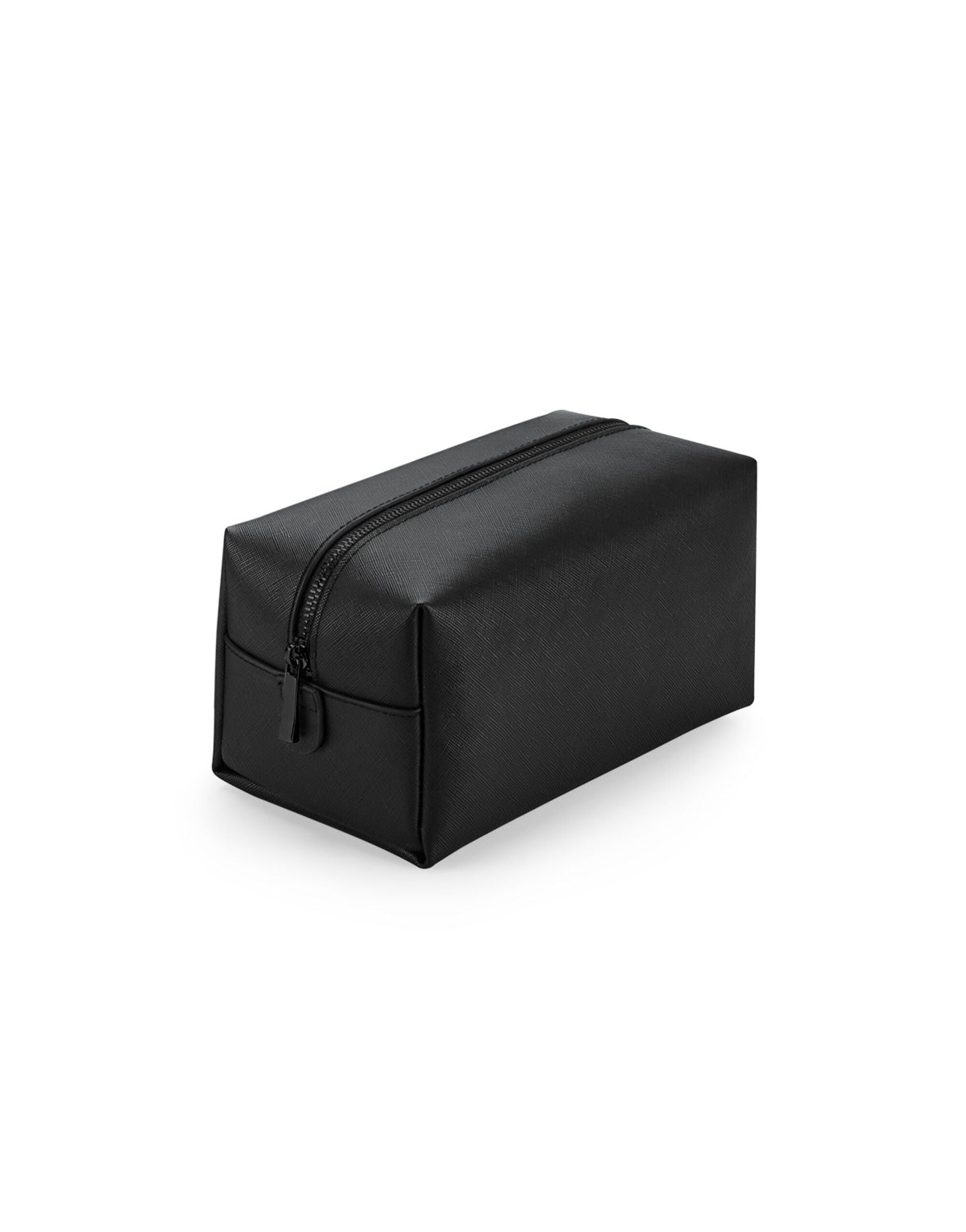Close-up of the Saffiano fine grain texture and high-shine gold metal zip on the toiletry case.