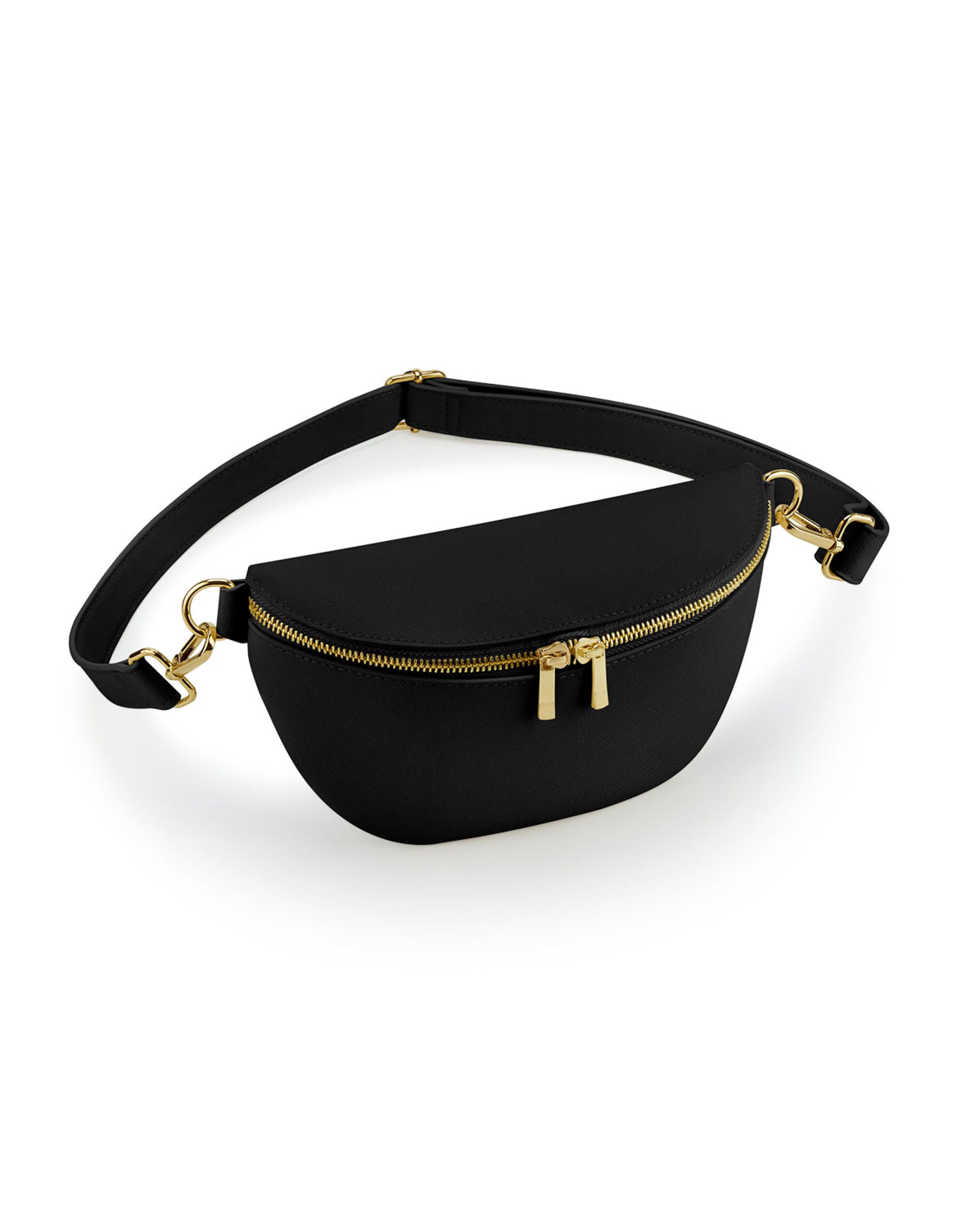 Elegant black Bagbase boutique waist bag with high-shine gold metal details.