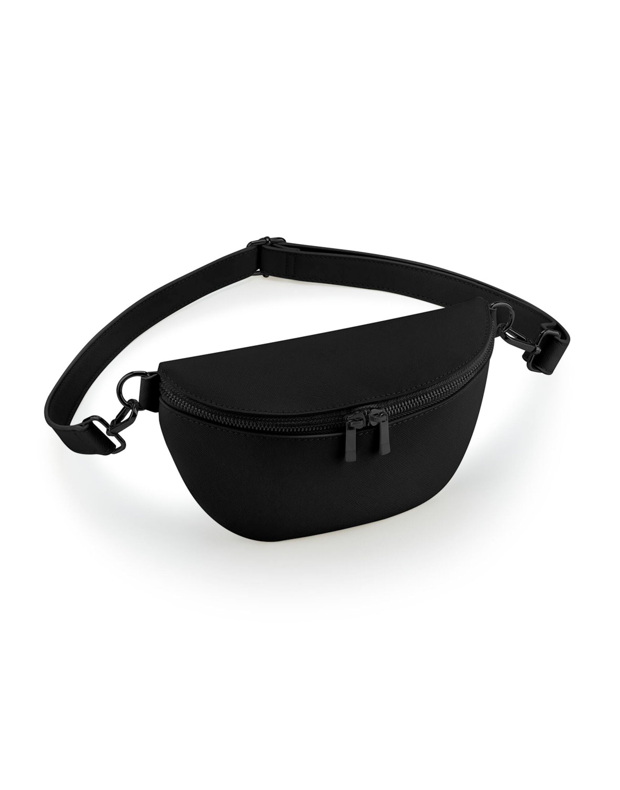 Angled view of the black Bagbase boutique waist bag showing its texture.