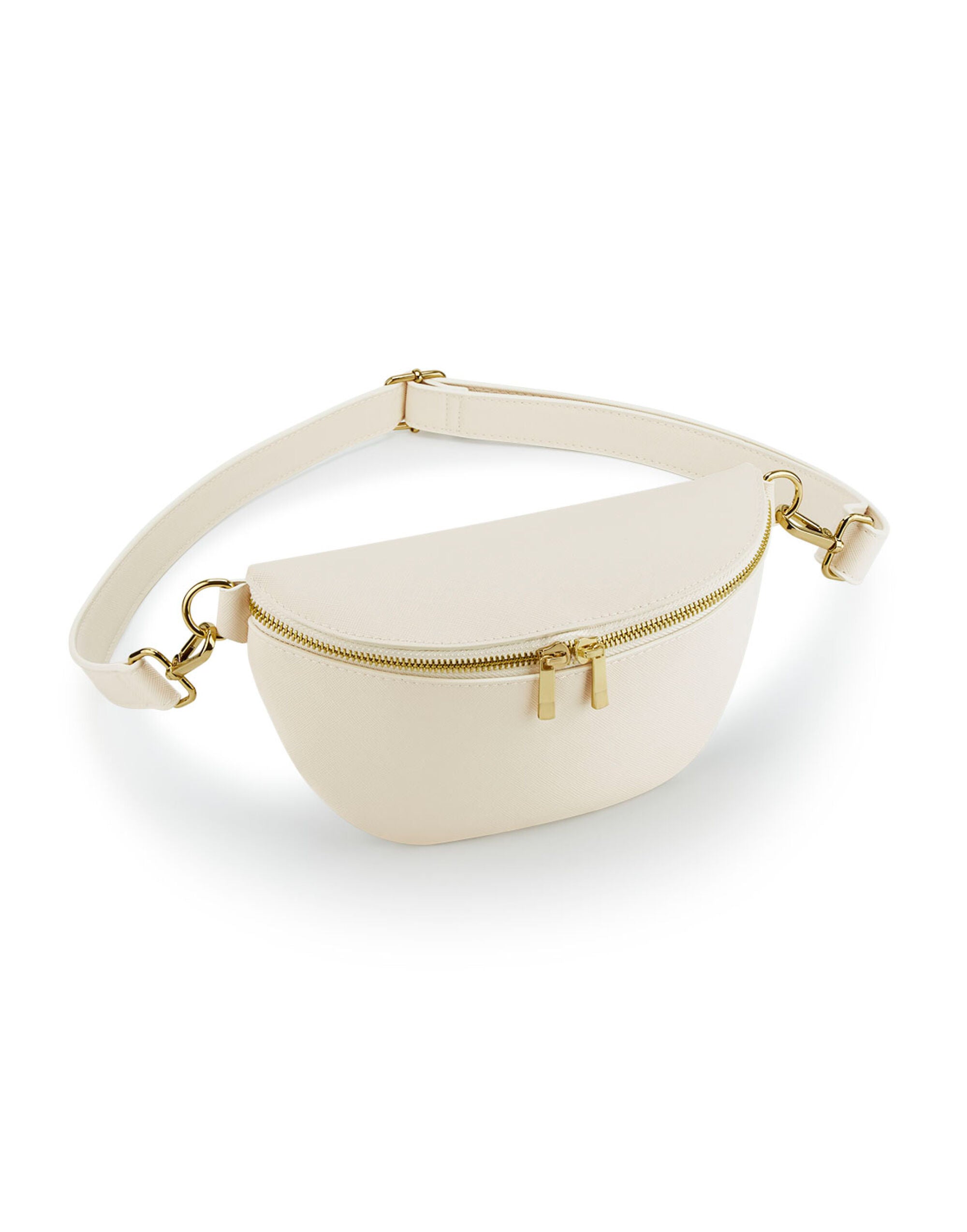Side profile of the soft white Bagbase boutique waist bag.