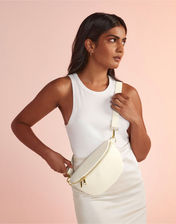 Soft white Bagbase boutique waist bag with saffiano fine grain fabric.
