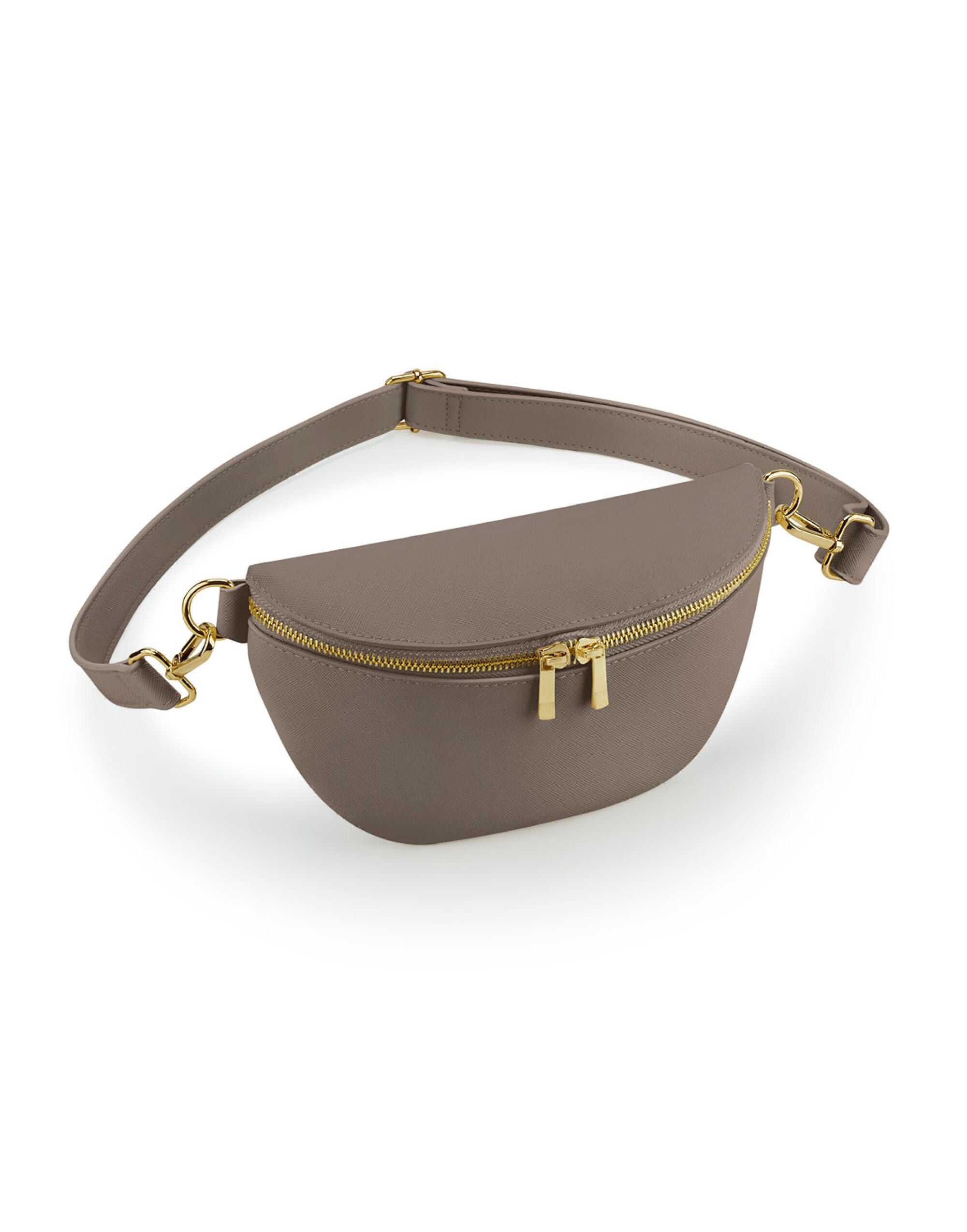 Angled view of the oyster-colored Bagbase boutique waist bag.