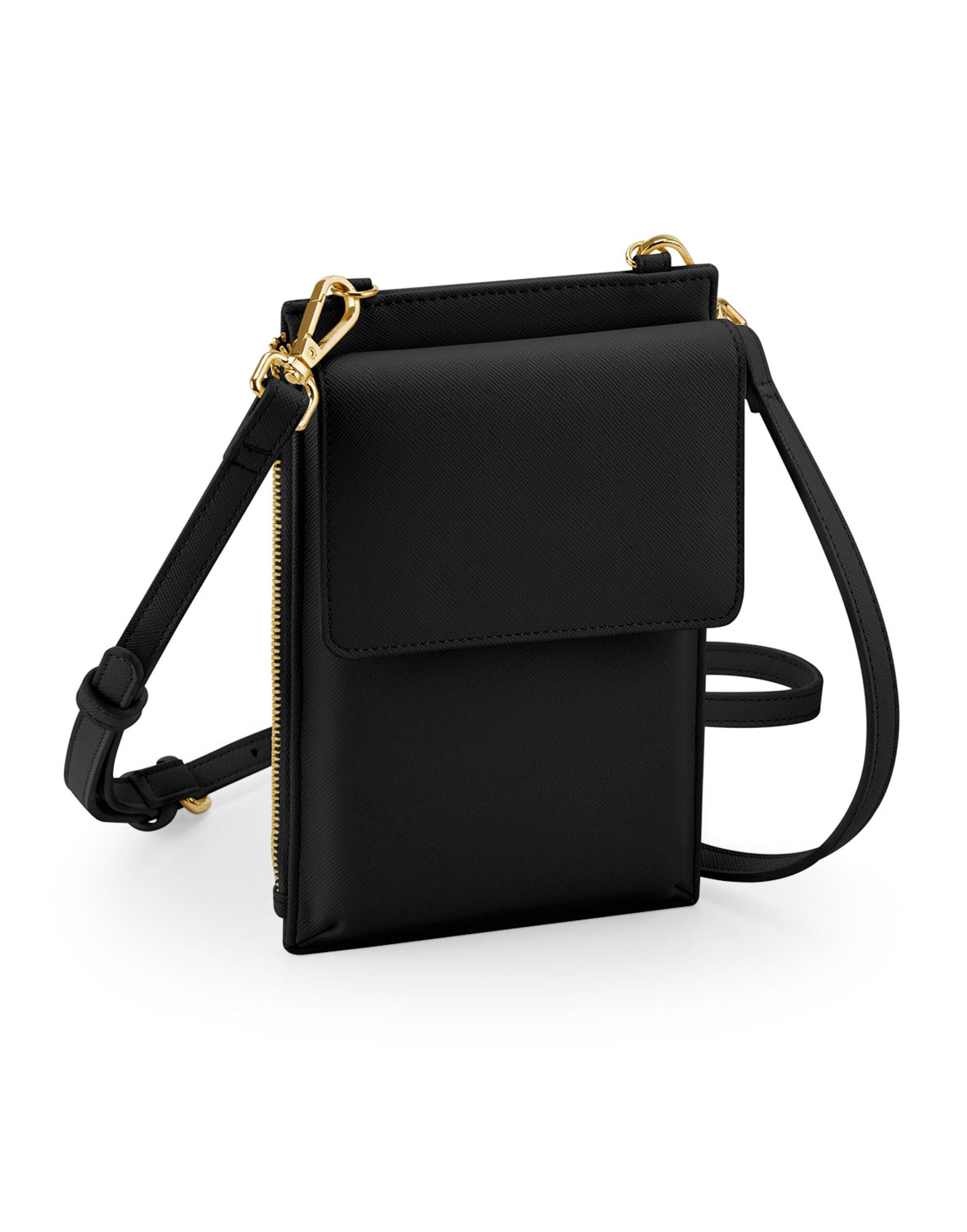 Sleek black phone carry case with a long adjustable strap.
