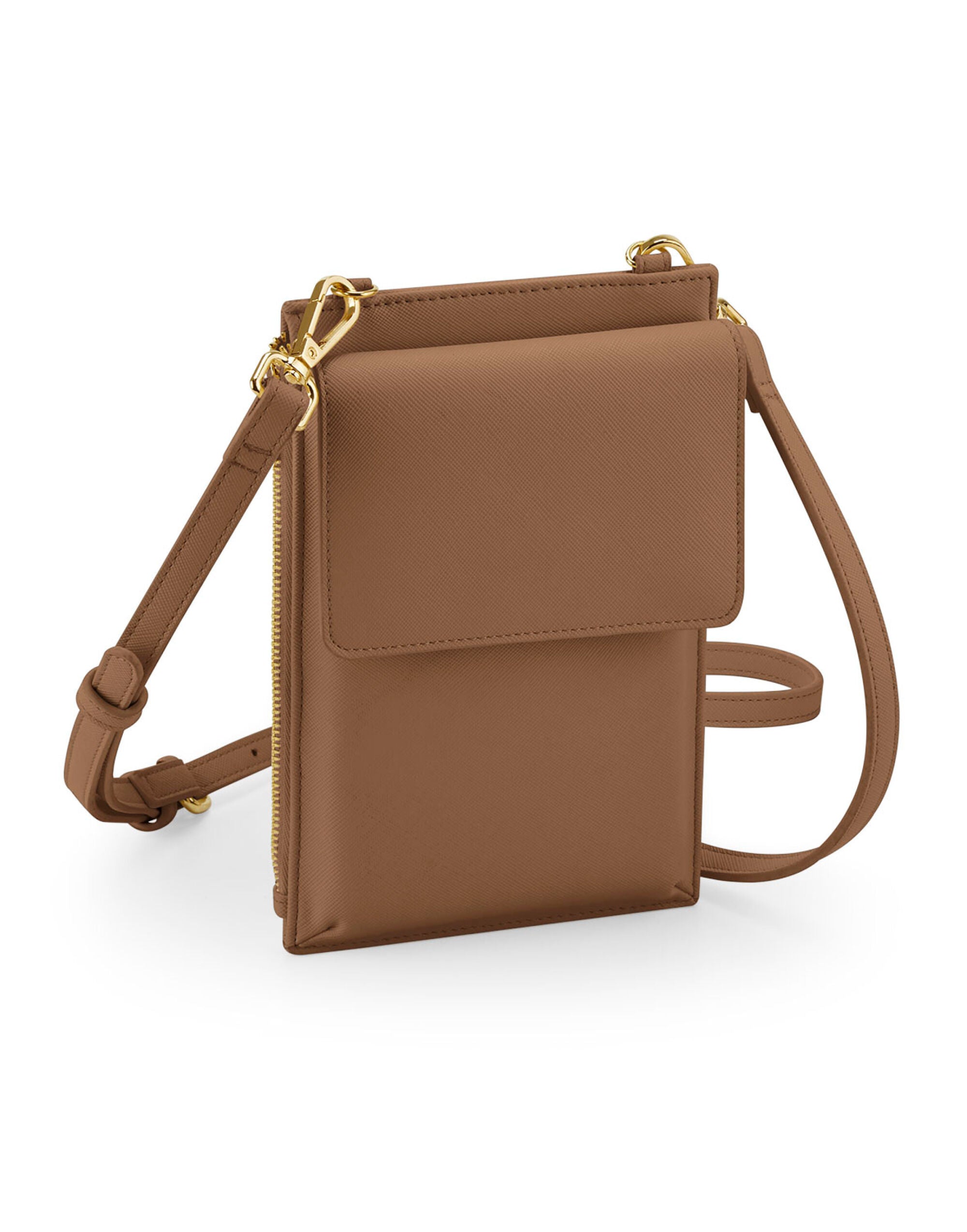 Oyster-colored phone carry case with gold zipper detail.