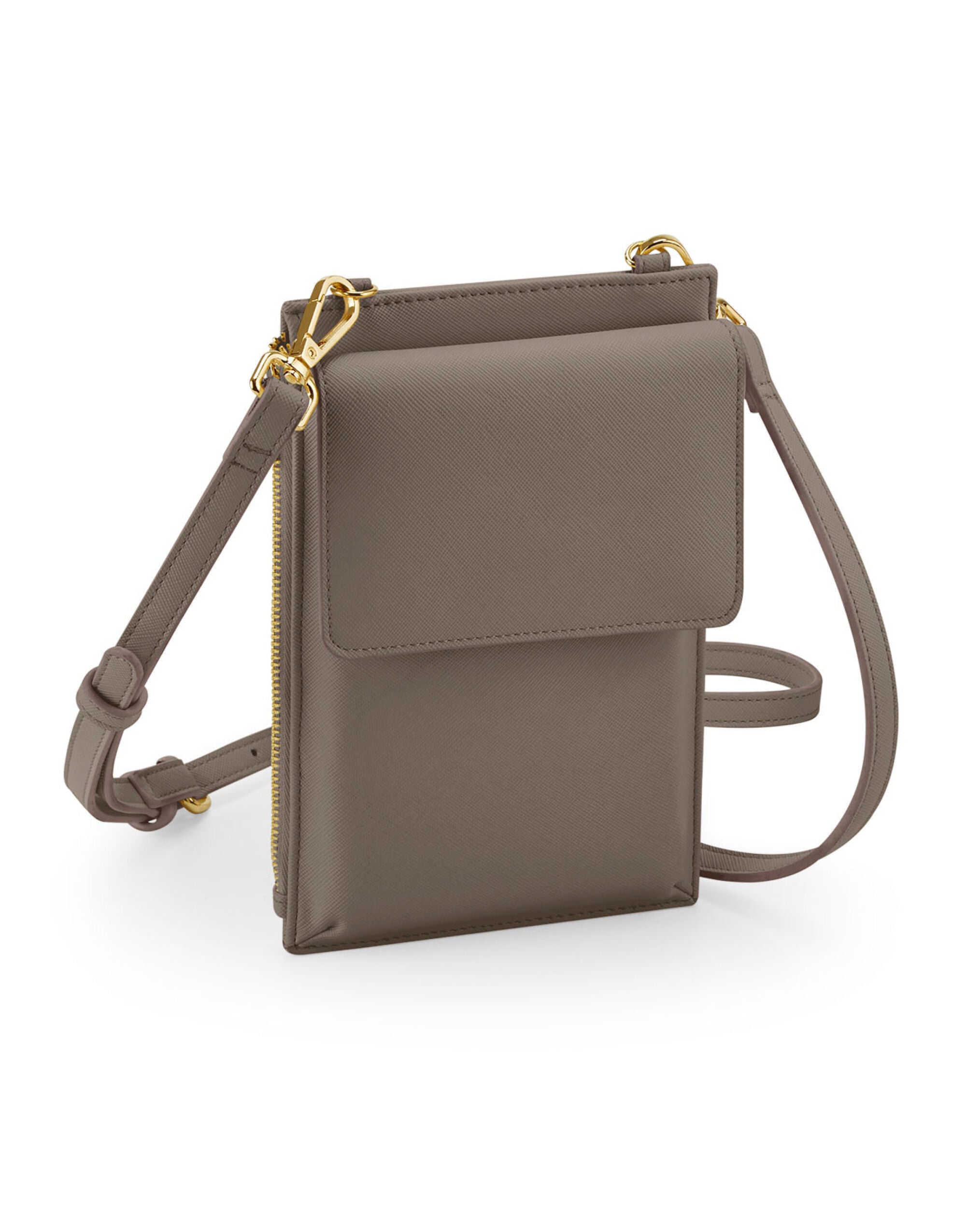 Angled view of the oyster-colored phone carry case.