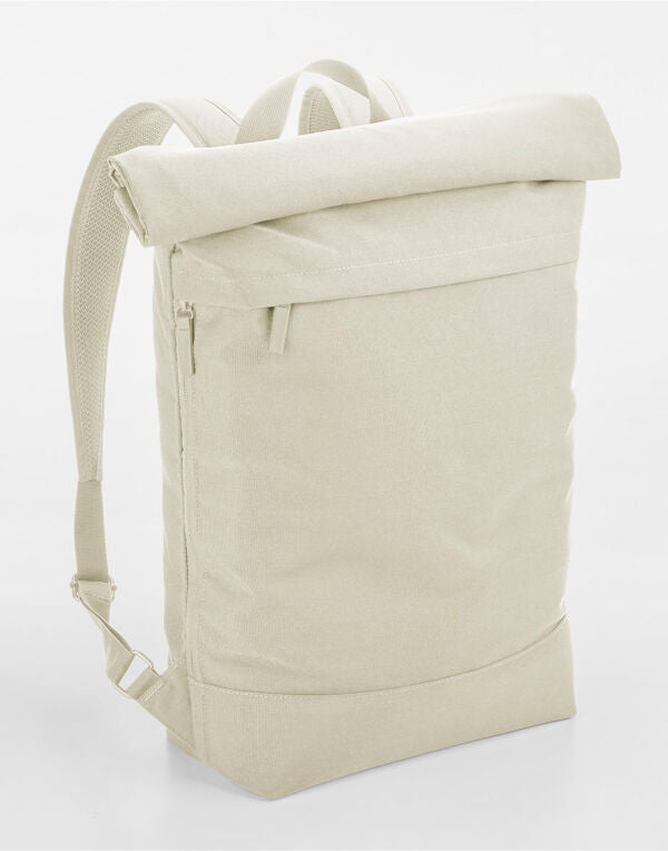 Front view of the Bagbase Simplicity Roll-Top Backpack in a classic black, featuring a clean and minimalist design.