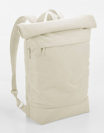 Front view of the Bagbase Simplicity Roll-Top Backpack in a classic black, featuring a clean and minimalist design.