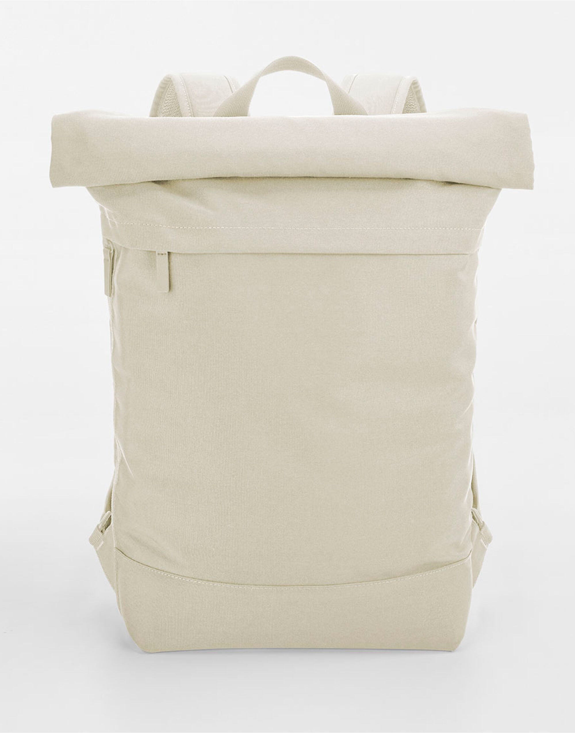 Angled view of the off-white Bagbase Simplicity Roll-Top Backpack, showcasing its sleek profile and PU accents.
