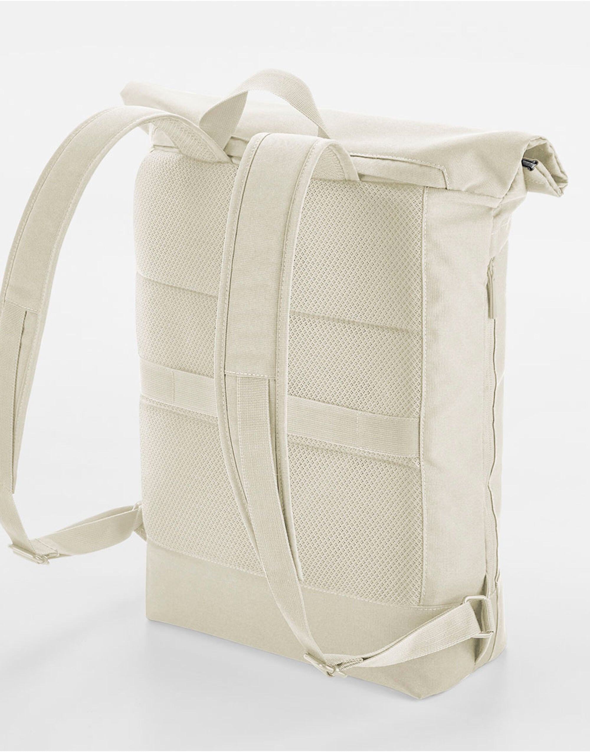 Side view of the khaki Bagbase Simplicity Roll-Top Backpack, detailing its roll-top closure with a secure stud.