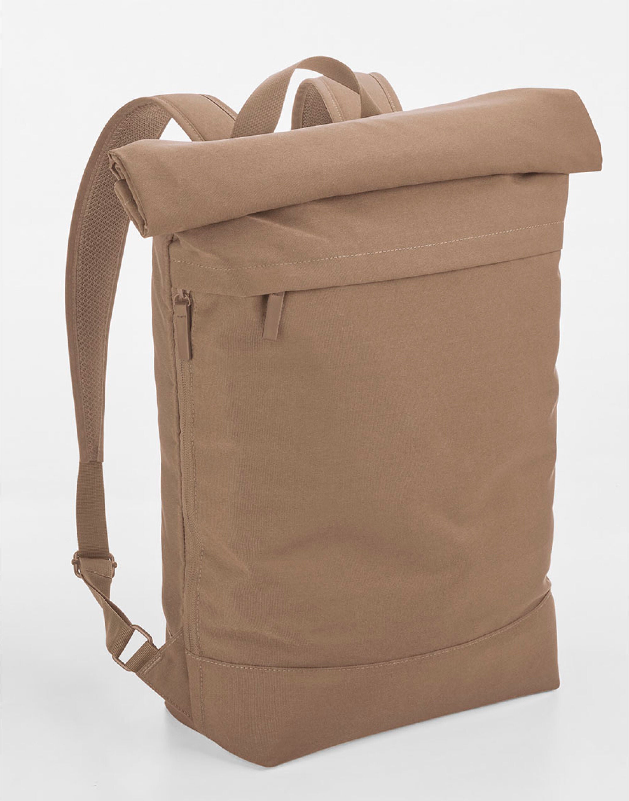 Detail of the internal zippered pocket within the Bagbase Simplicity Roll-Top Backpack for valuable items.