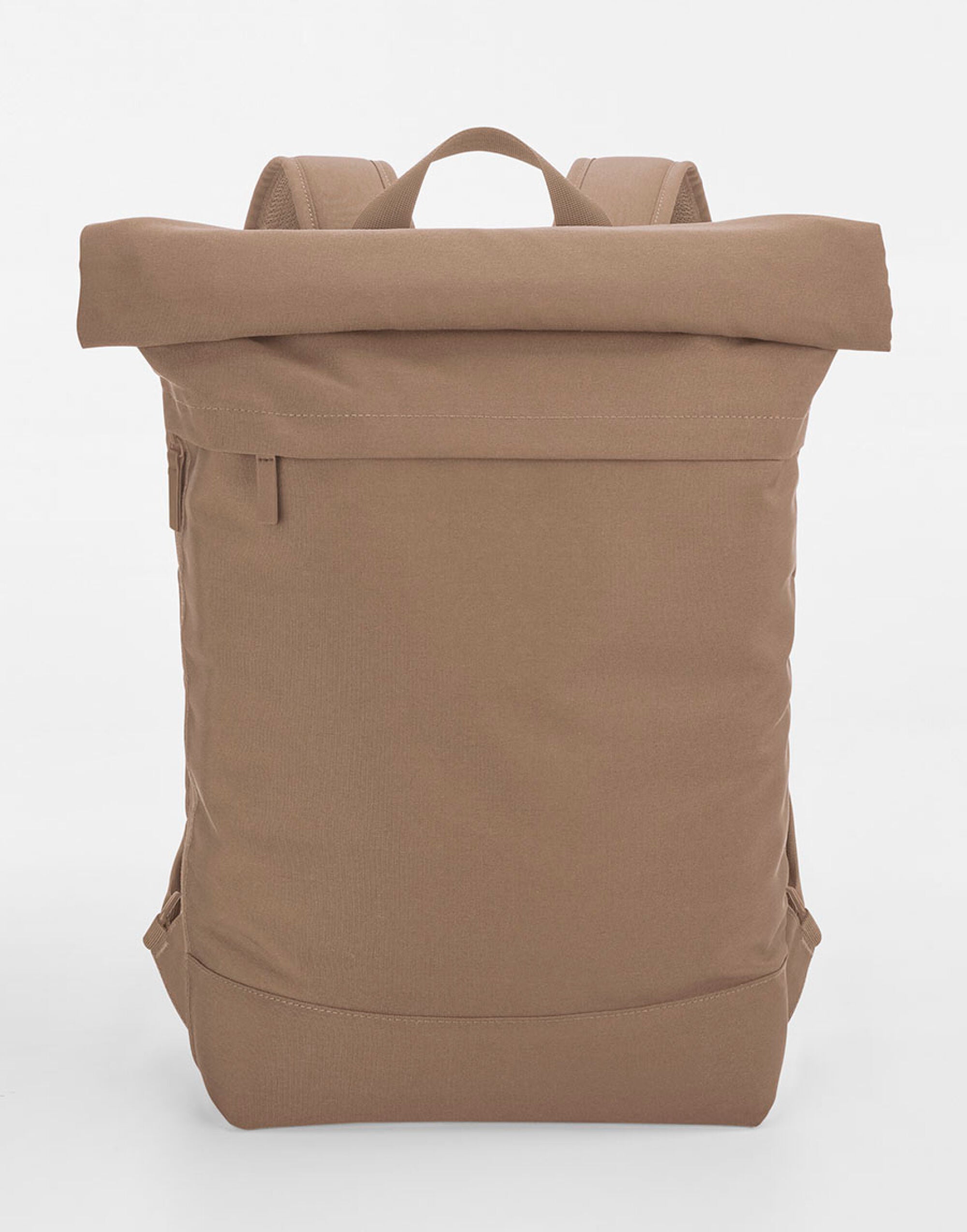 The Bagbase Simplicity Roll-Top Backpack in black, shown with the top unrolled to display its full capacity.