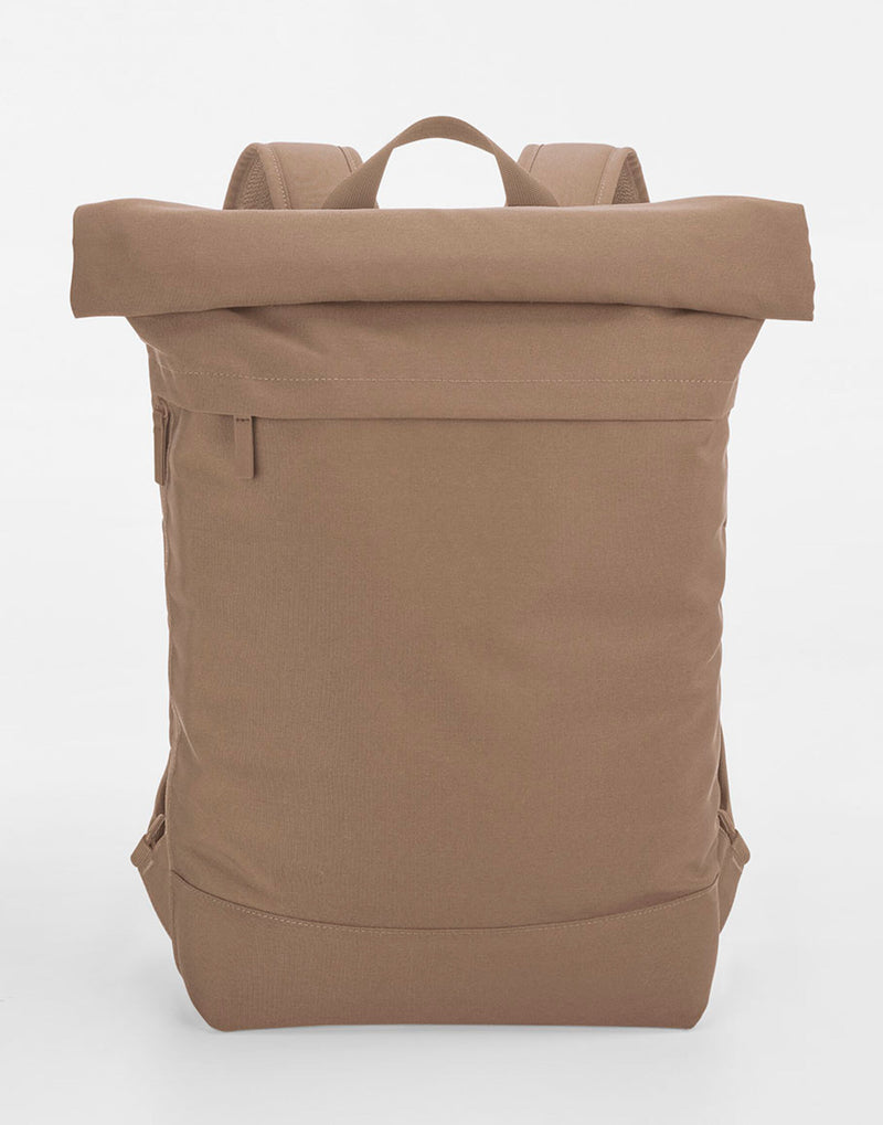 The Bagbase Simplicity Roll-Top Backpack in black, shown with the top unrolled to display its full capacity.
