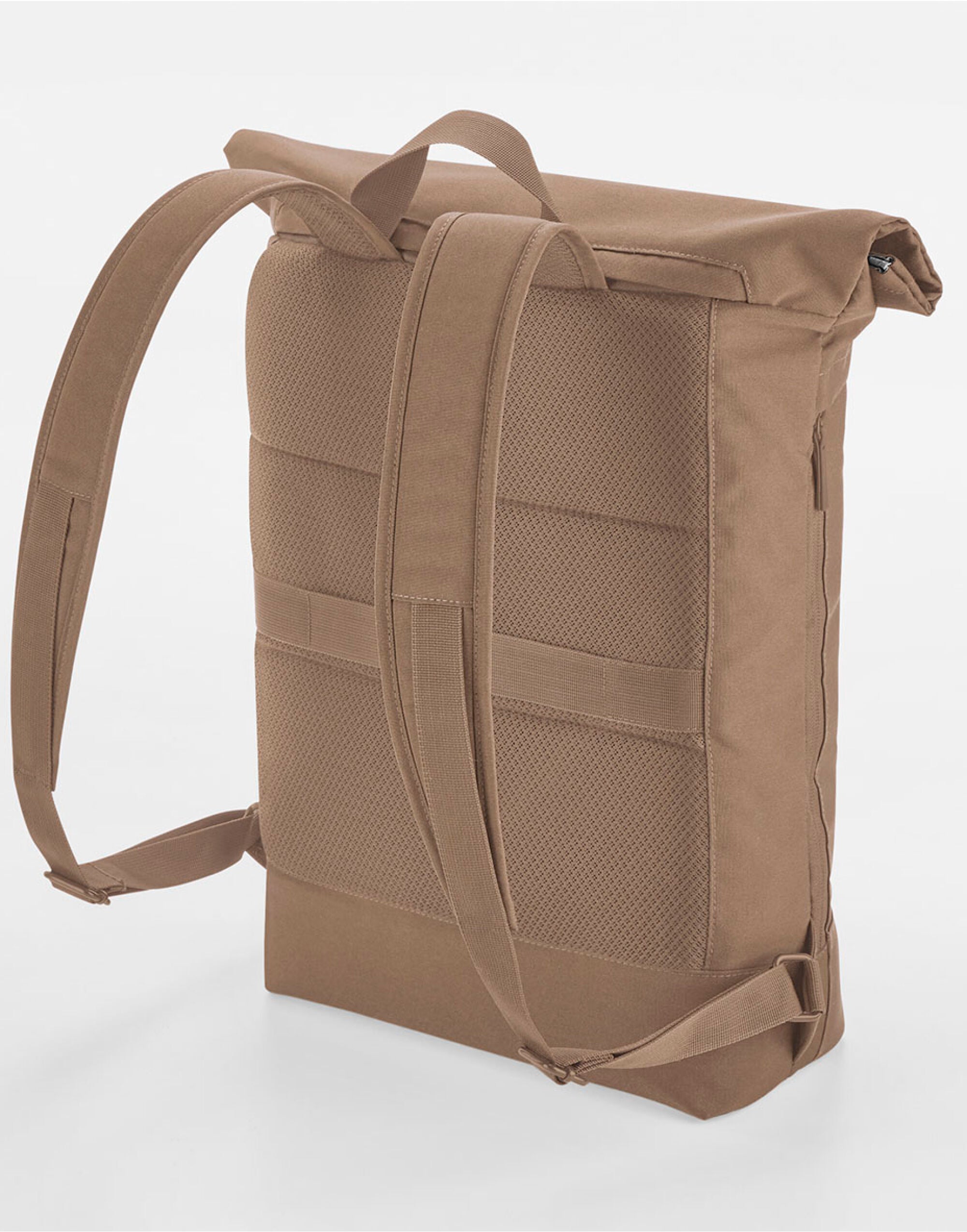 Three-quarter profile of the stylish off-white Bagbase Simplicity Roll-Top Backpack.