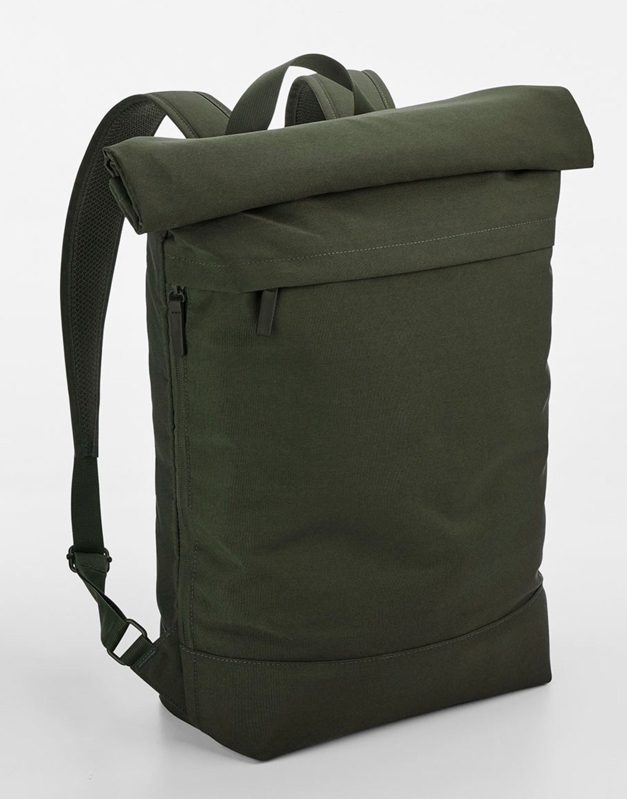 A flat lay of the khaki Bagbase Simplicity Roll-Top Backpack, illustrating its simple, foldable design.