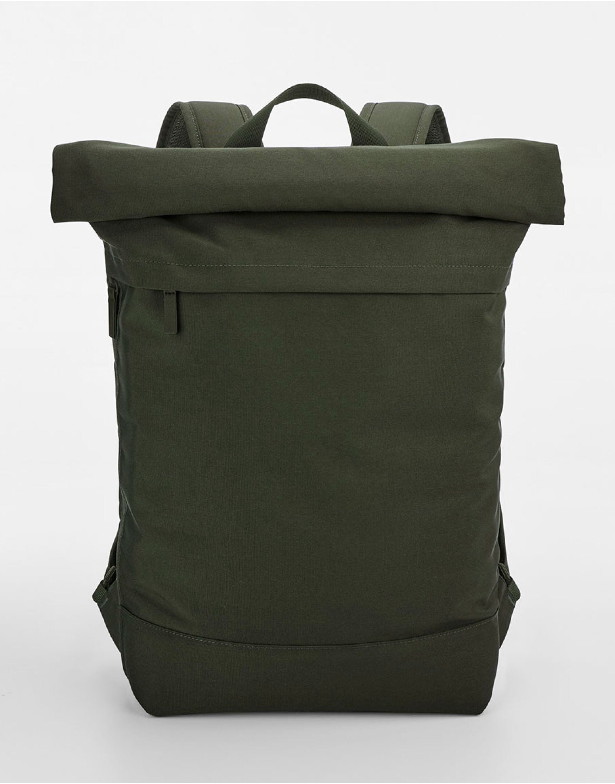 Angled shot of the light grey Bagbase Simplicity Roll-Top Backpack, focusing on the texture of the fabric.