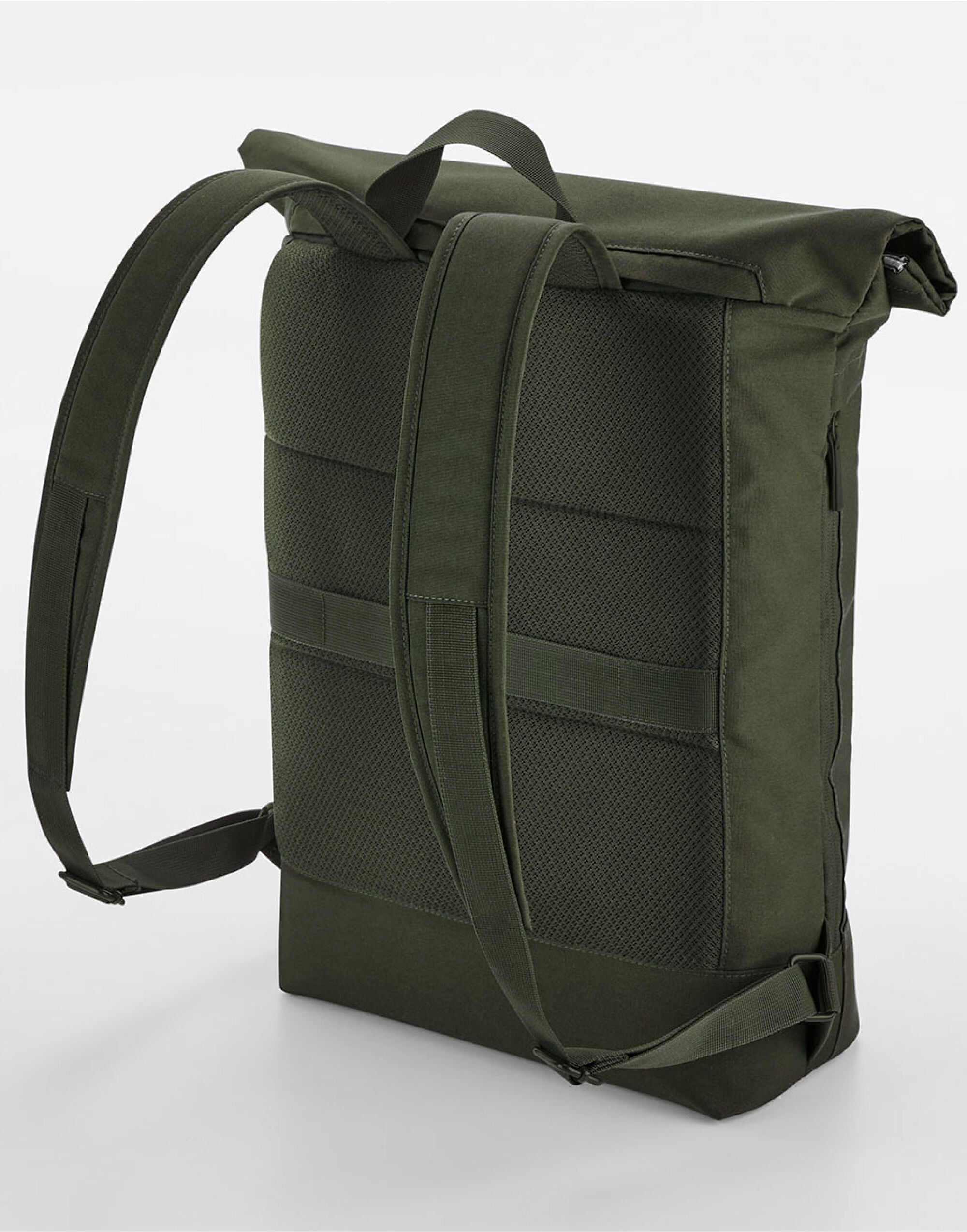 The Bagbase Simplicity Roll-Top Backpack in a versatile black, perfect for a modern, professional look.