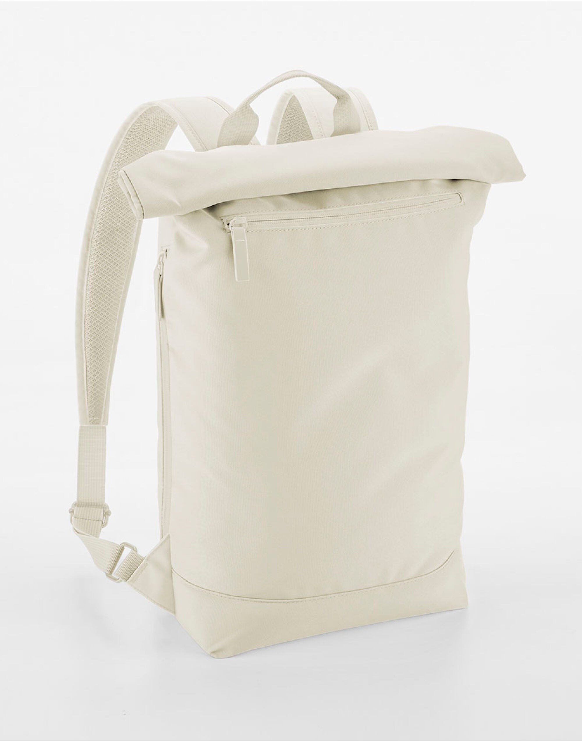 Angled view of the black Bagbase Simplicity Roll-Top Backpack Lite, showcasing its minimalist aesthetic.