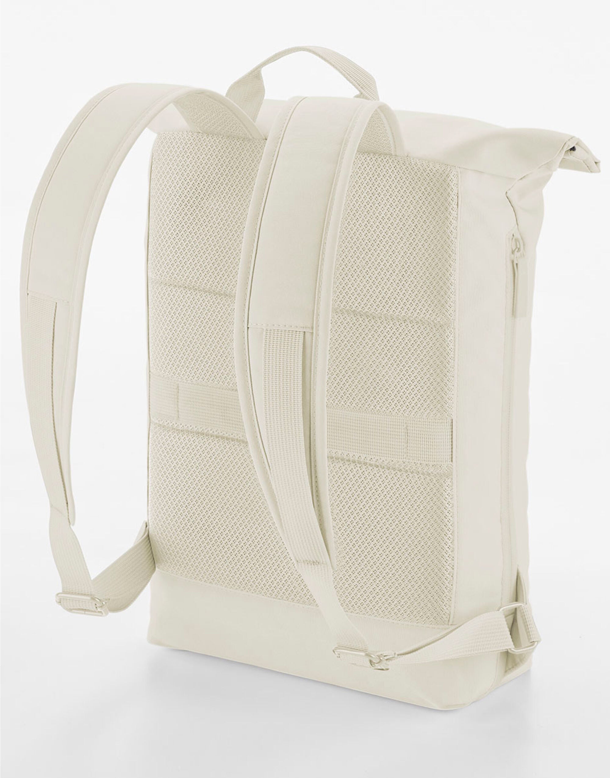 The khaki Bagbase Simplicity Roll-Top Backpack Lite, presented with its top unrolled to show its depth.