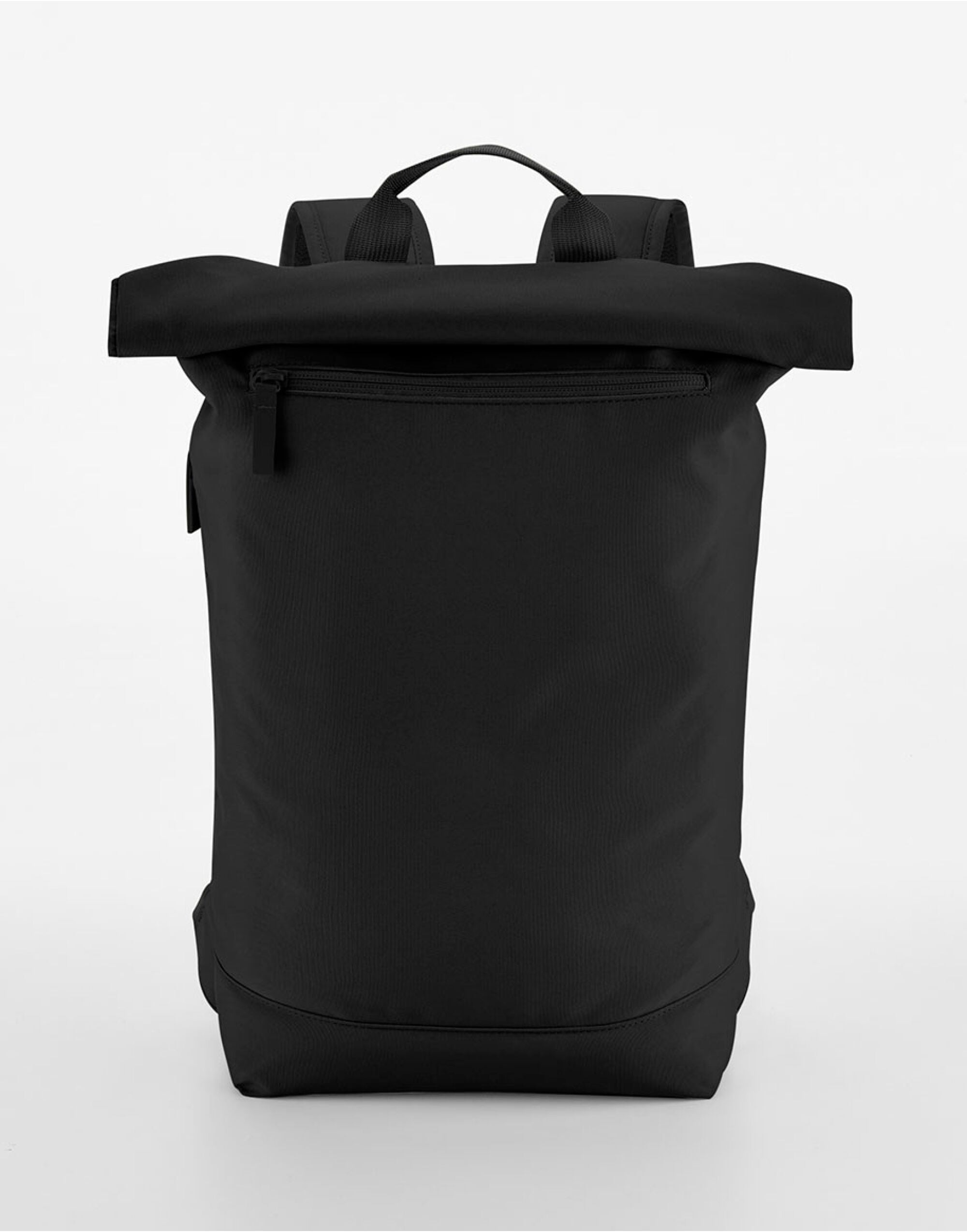 Close-up on the clean stitching and fabric of the black Bagbase Simplicity Roll-Top Backpack Lite.