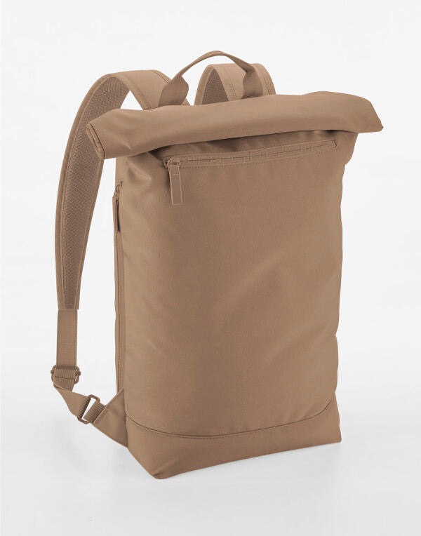 Front view of the light grey Bagbase Simplicity Roll-Top Backpack Lite, a smaller, more compact version.