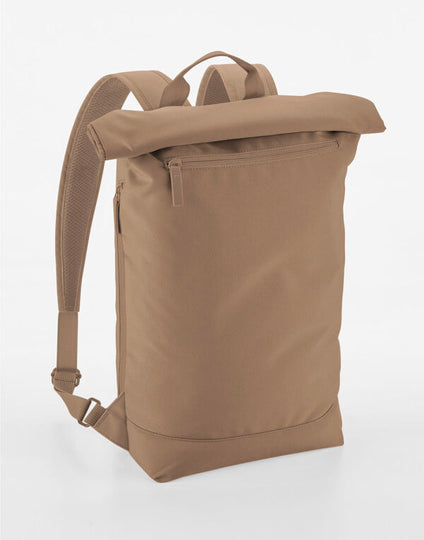 Front view of the light grey Bagbase Simplicity Roll-Top Backpack Lite, a smaller, more compact version.