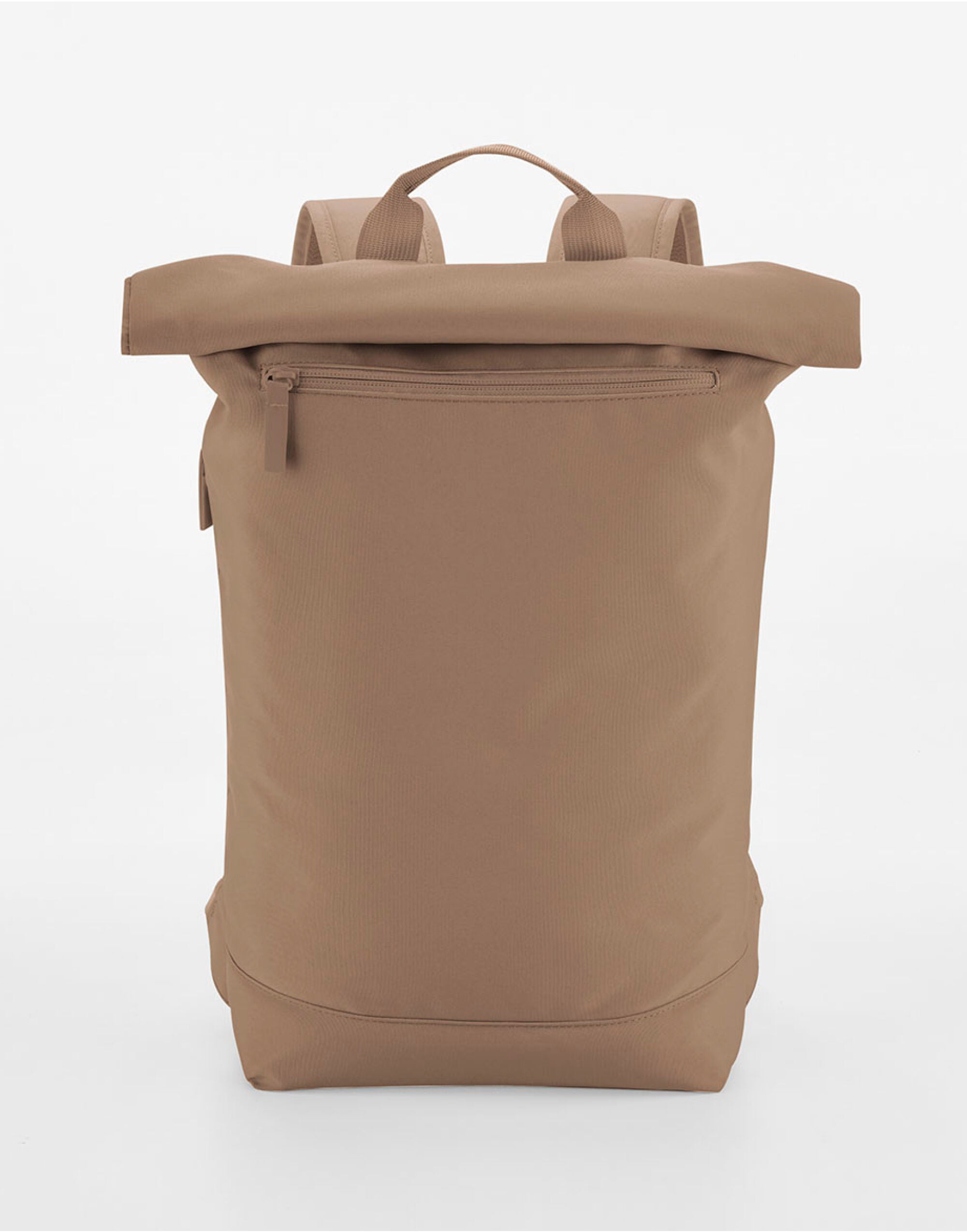 Flat lay of the khaki Bagbase Simplicity Roll-Top Backpack Lite, illustrating its lightweight design.