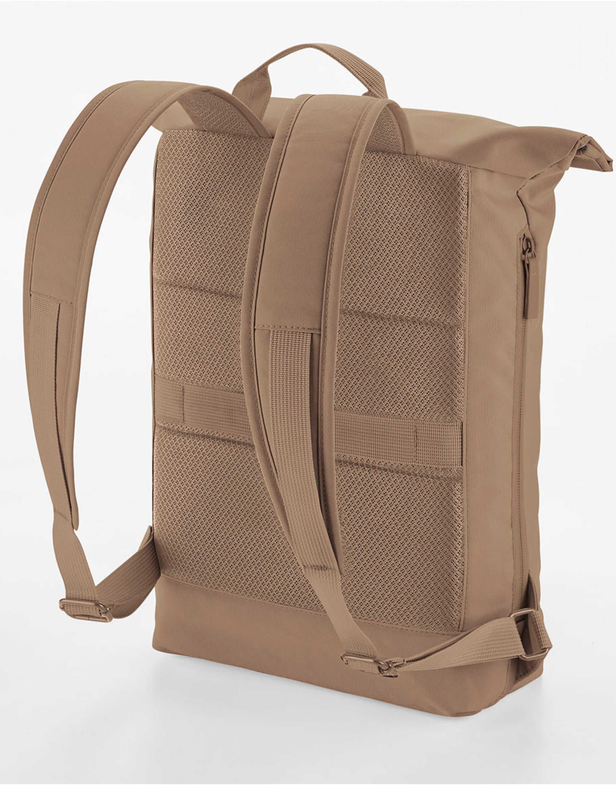 The Bagbase Simplicity Roll-Top Backpack Lite in a versatile light grey, shown from the front.