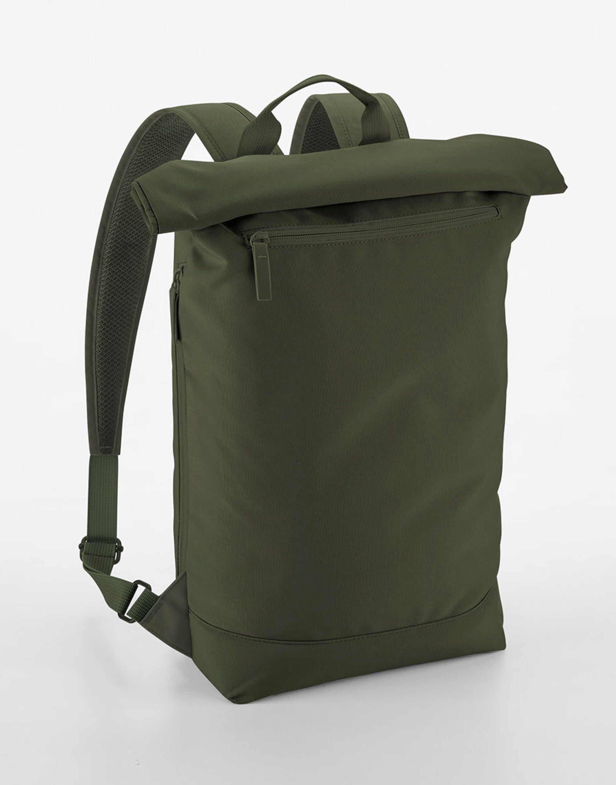 Angled front shot of the black Bagbase Simplicity Roll-Top Backpack Lite, emphasizing its sleek form.