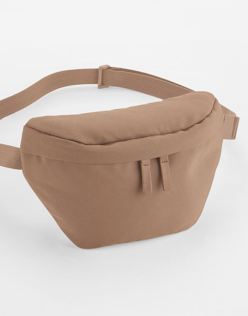 Back view of the black Bagbase Simplicity Waistpack, showing the secure buckle and adjustable strap.
